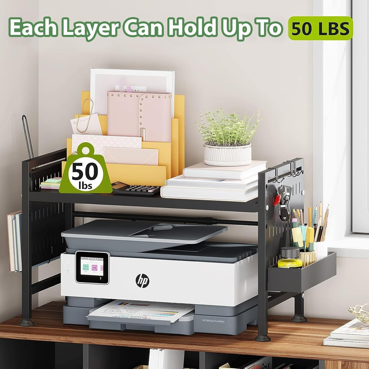 Extendable Microwave Stand, 2-Tier Microwave Shelf with Cutting Boards Stand for Kitchen Storage & Organisation, Heavy Duty Microwave Oven Rack Countertop with 3 Hooks image number 4