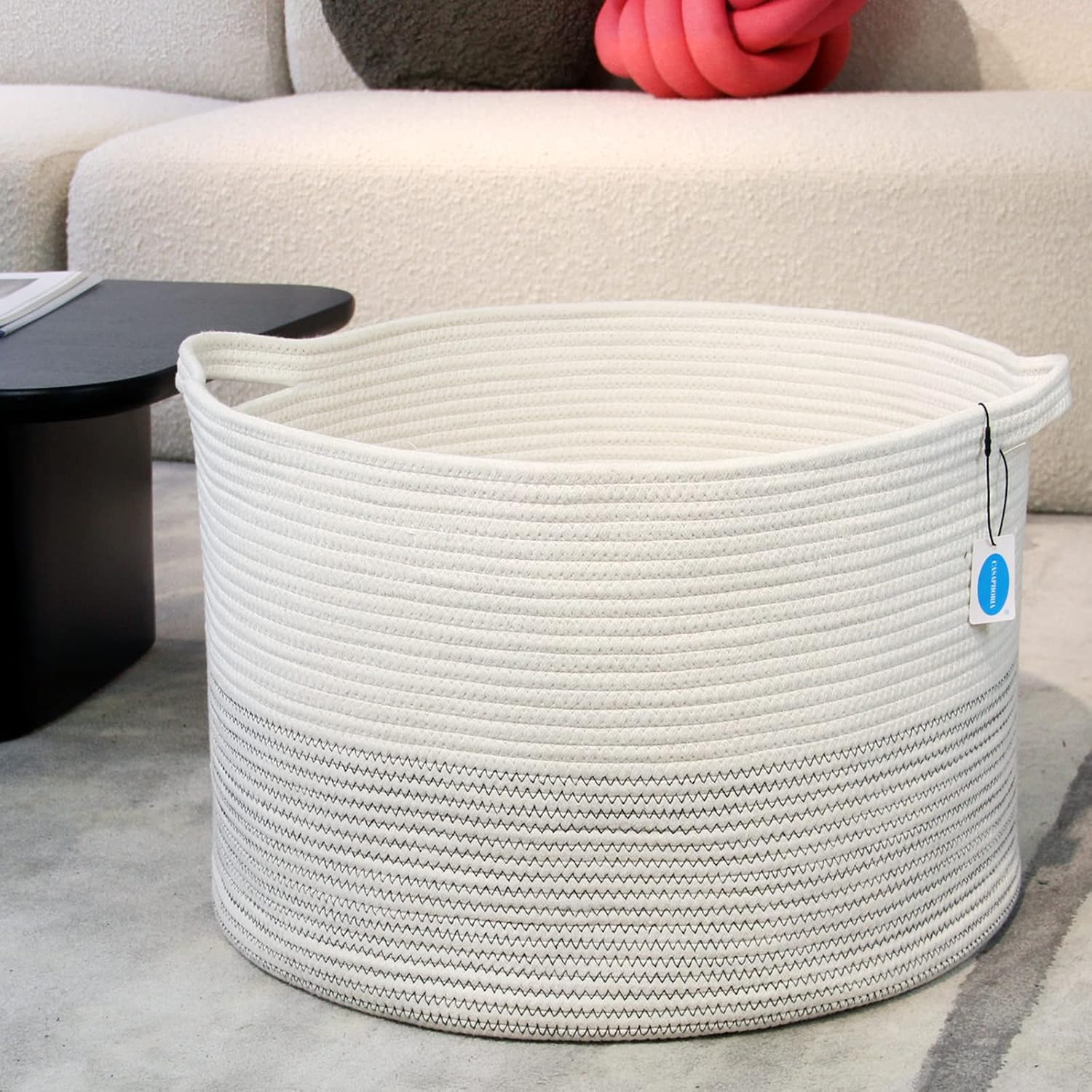 Casaphoria Xxxlarge Cotton Rope Basket 21.7" X 21.7" X 13.8" Woven Laundry Basket for Blankets Storage Basket with Handle Comforter Cushions Storage Bins Thread Laundry Hamper-Black Stitch - &lrm;Beige image number 3