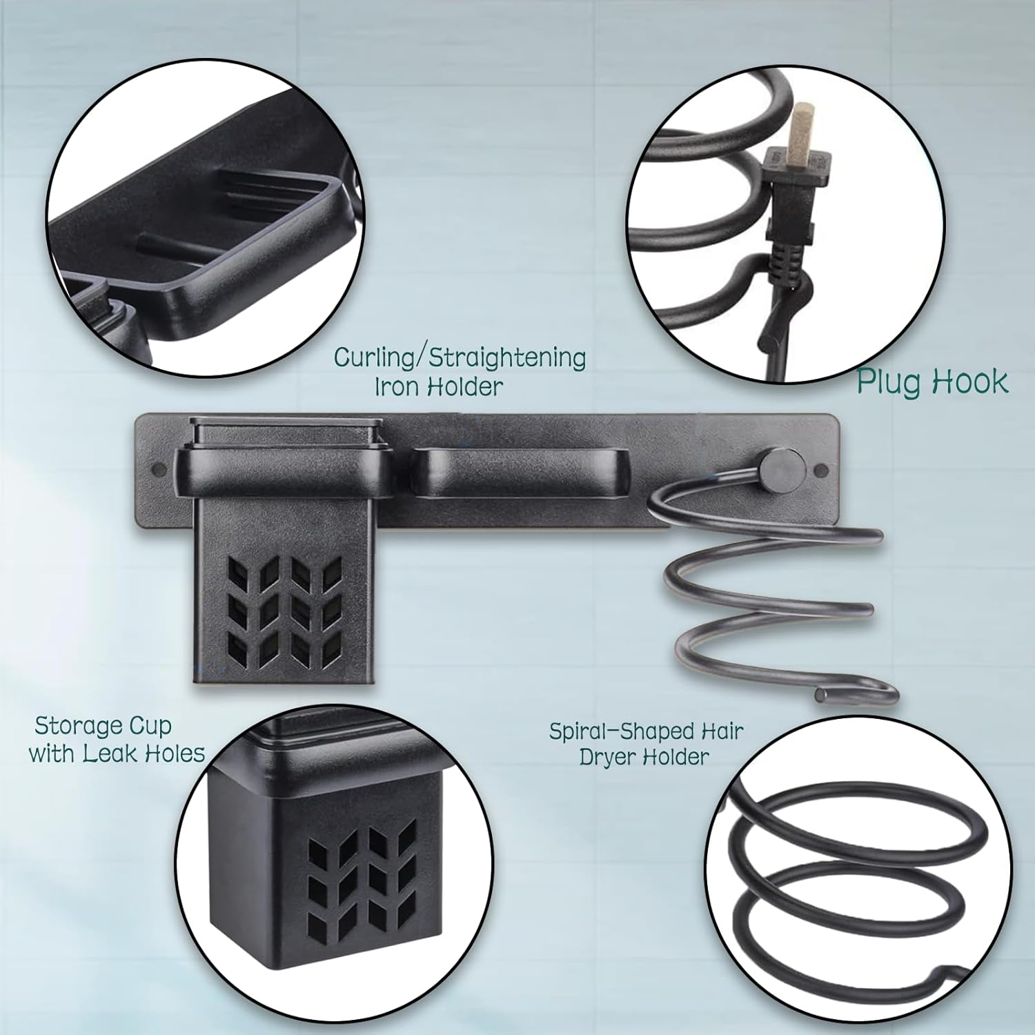 Teaque Hair Dryer Holder, Hair Dryer Holder, Wall No Drilling, Aluminium Hair Dryer Holder with Plug Holder & Storage, Bathroom Organiser for Hotel, Bathroom, Living Room, Barbershop (Black) image number 5