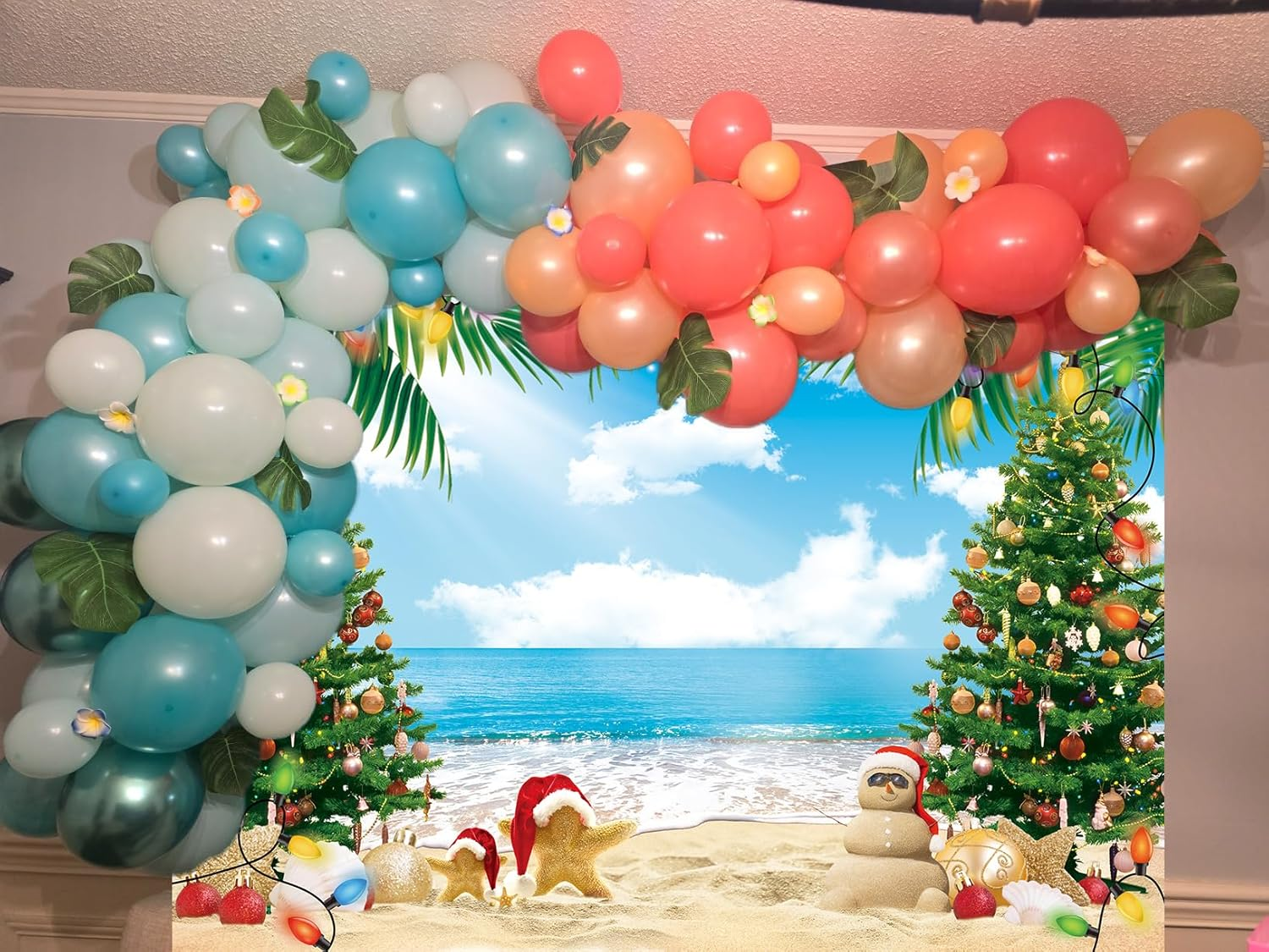 July Christmas Backdrop 7X5Ft Summer Beach Christmas Tree Decoration Photography Background Tropical Hawaiian Party Supplies Photo Props image number 4