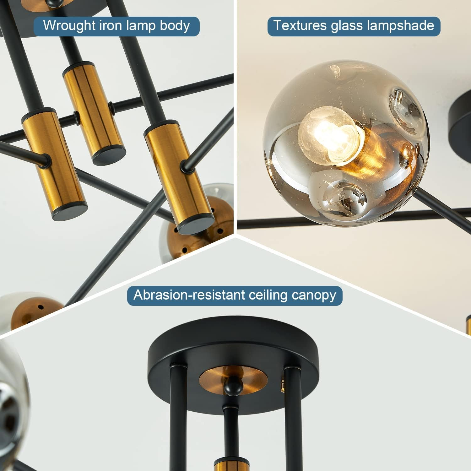 Anyuainiya 6-Light Glass Globe Modern Sputnik Chandelier, Matte Black and Gold Living Room Ceiling Light Fixture Vintage Hanging Chandeliers for Dining Room Living Room Bedroom Farmhouse