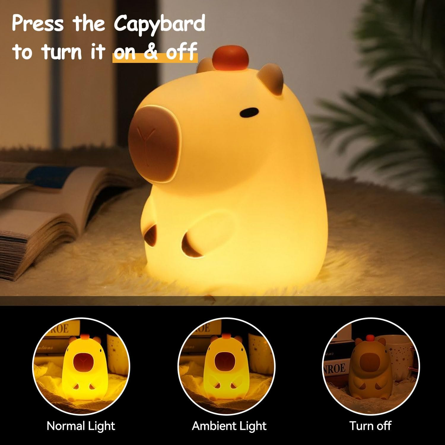Lovely Silicone Night Light Capybara for Kids Soft Portable Rechargeable Lamp, Kids Room Decor Present for Girls Boys Birthday Holiday Christmas Camping - Warm White image number 4