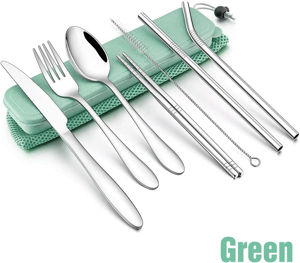 8PCS Portable Stainless Steel Straw Tableware Dinnerware Travel Camping Cutlery Green image number 4
