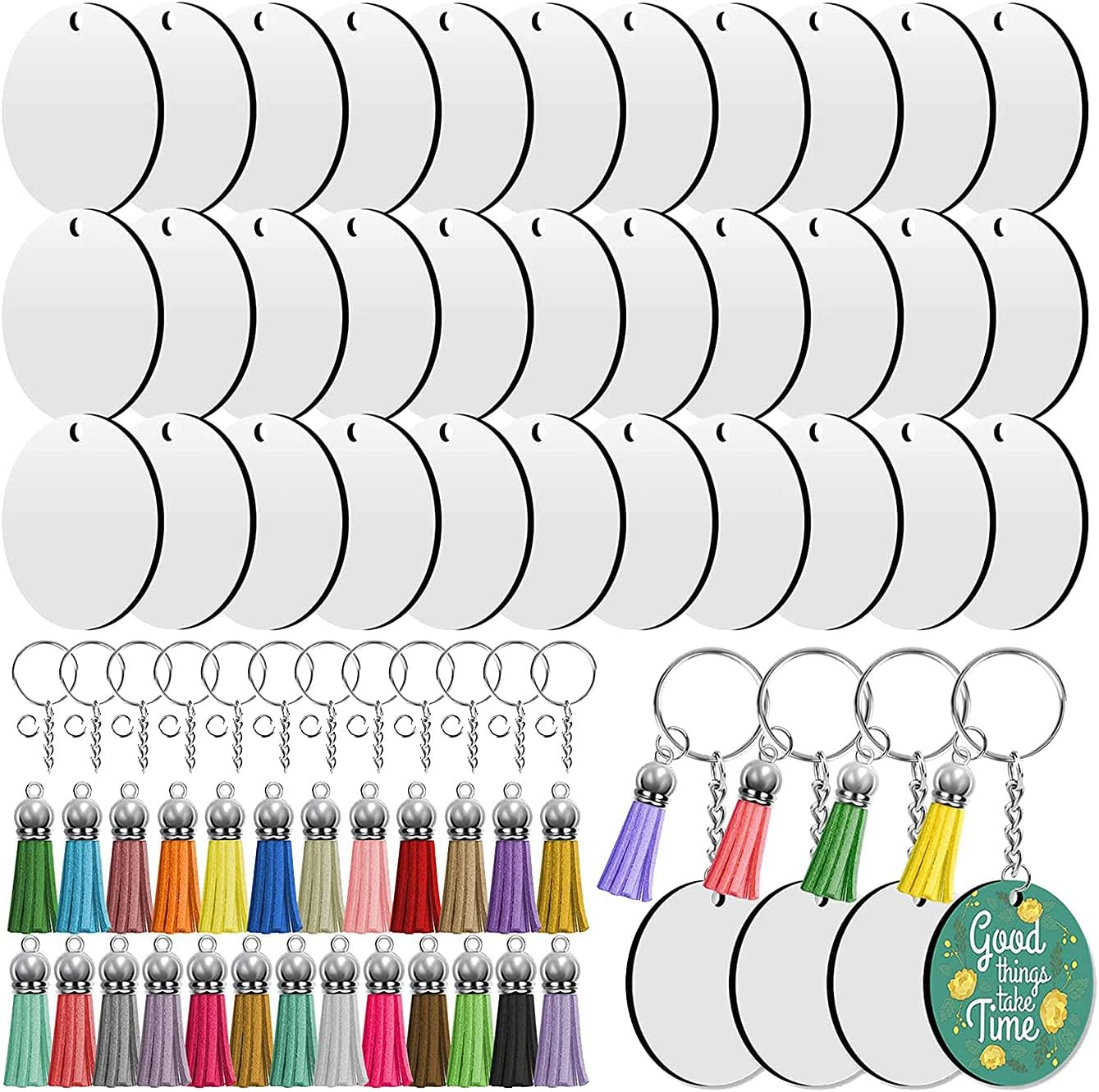 Sublimation Blanks Keychains,200 PCS 2Inch round Sublimation Blanks Keychain Circle with Tassels,For DIY image number 4