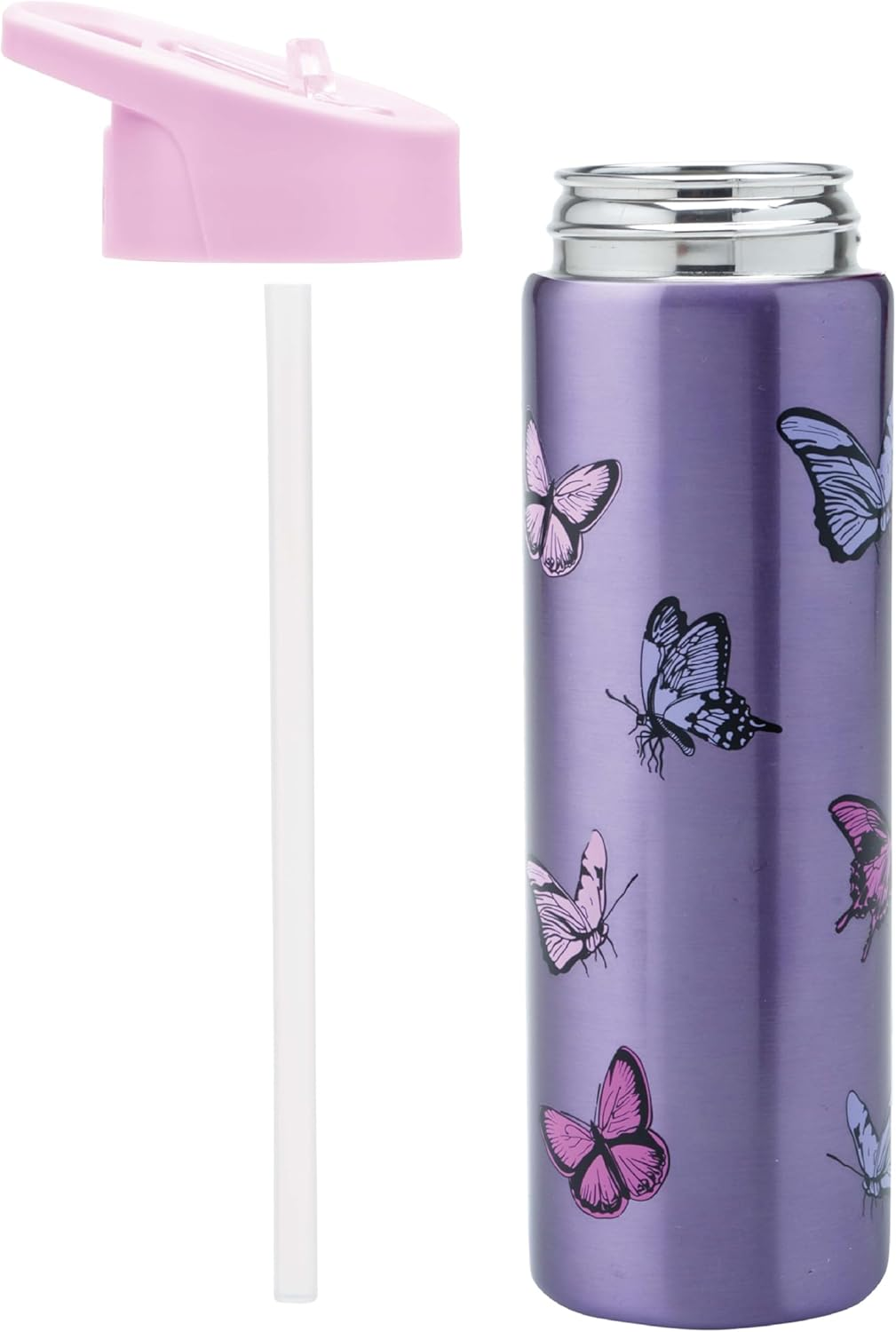 Smash Stainless Steel Drink Bottle with Flip Top Lid and Straw - Butterfly 750Ml Purple