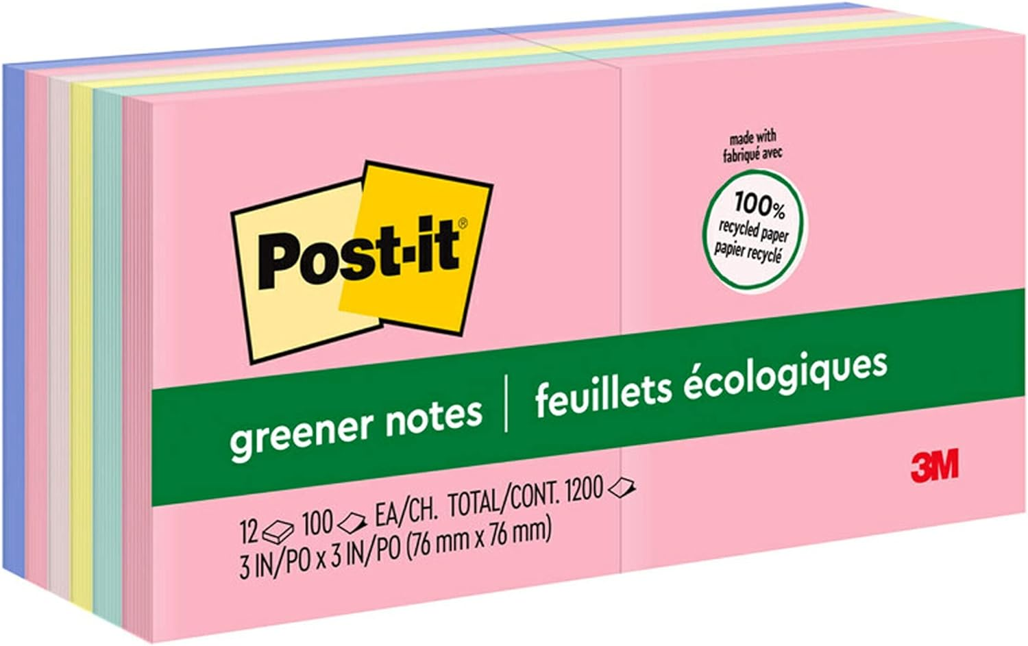 Post-It Greener Notes, 3 in X 3 In, Helsinki Collection, 100 Sheets/Pad, 12 Pads/Pack (654-RP-A)