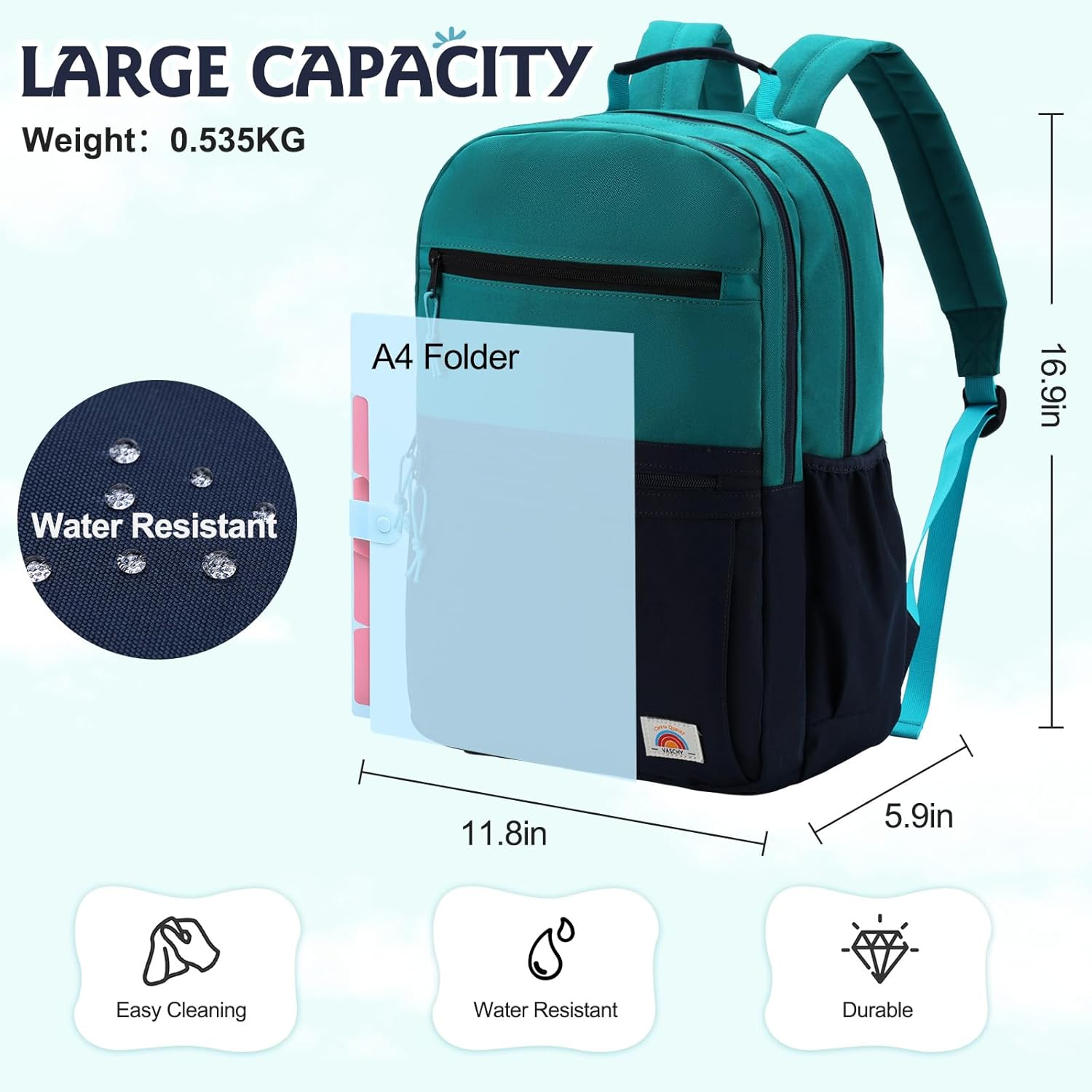 Toddler Kid Backpack,Vaschy Teen Boys Girls Lightweight Water Resistant Plain Color-Block Kids Bookbag Daypack with Two Sizes image number 7