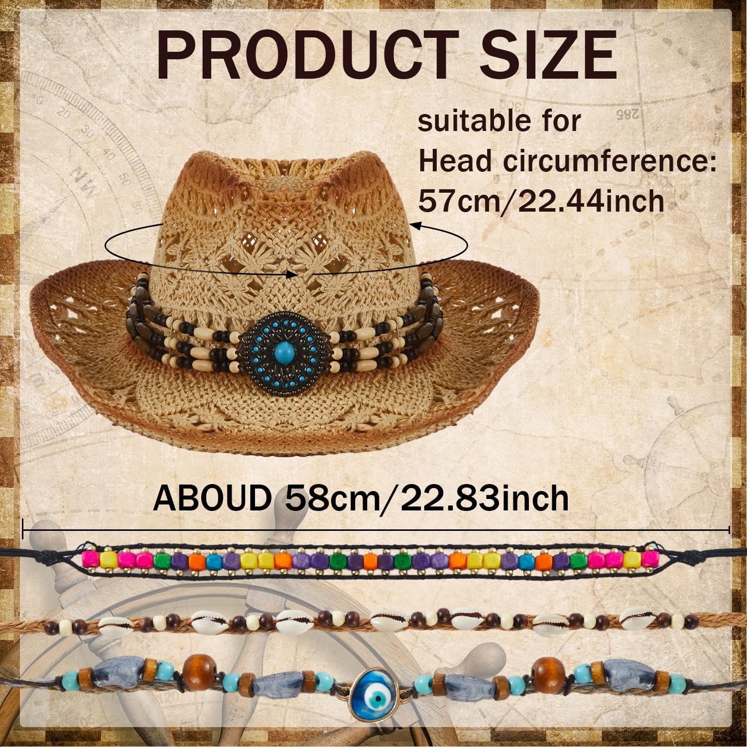 Lyrow 12Pcs Hat Bands for Cowboy Hat Leather Turquoise Beaded Bands Ethnic Western Rural Belts for Women Men Cowgirl(Beads) image number 3