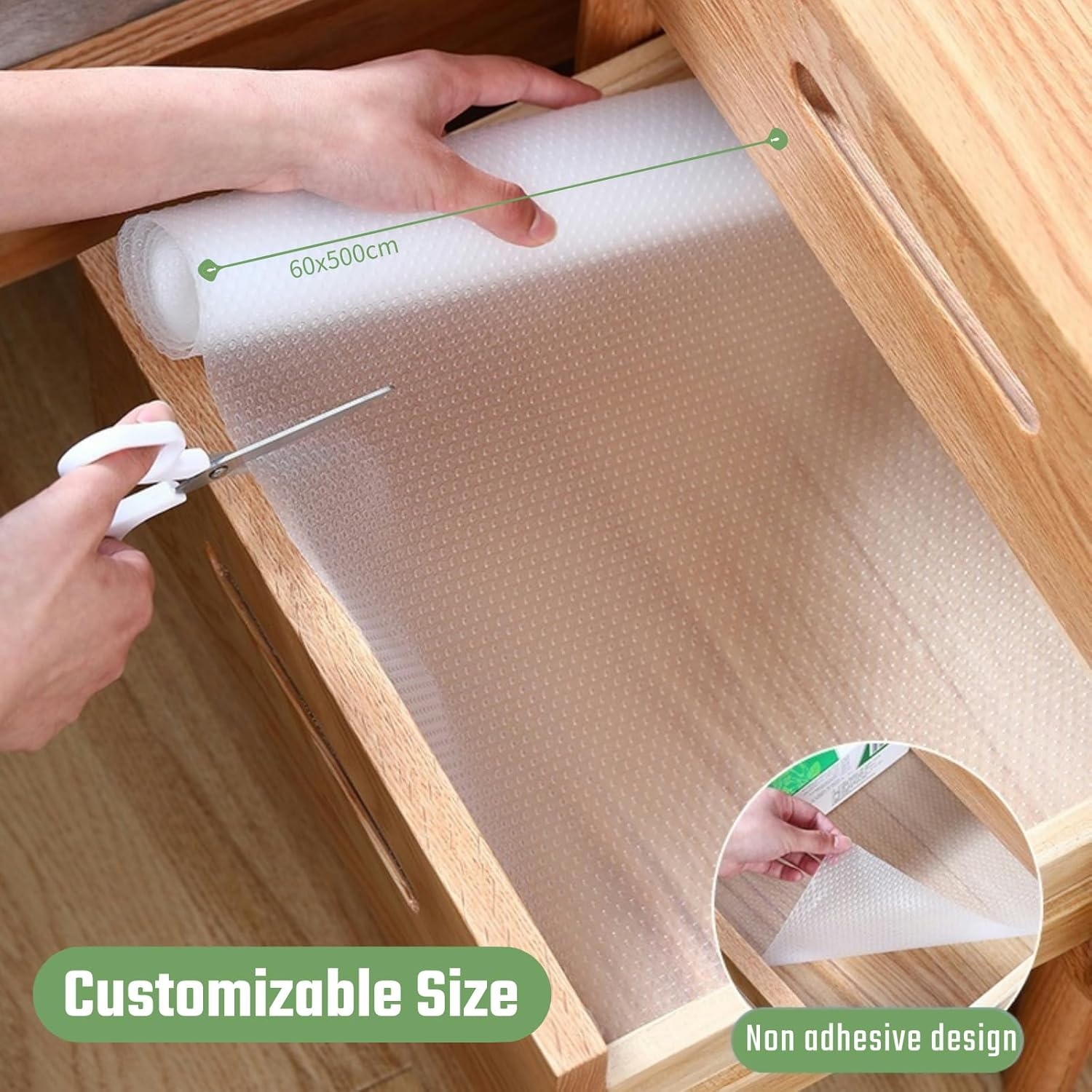 60Cm X 500Cm Drawer Liner, Non-Slip Shelf Liner, Cupboard Liners, Waterproof Kitchen Drawer Liner, Clear Drawer Lining, Easy-Clean Protector for Draw, Shelf, Cupboard, Cabinet, Pantry image number 2