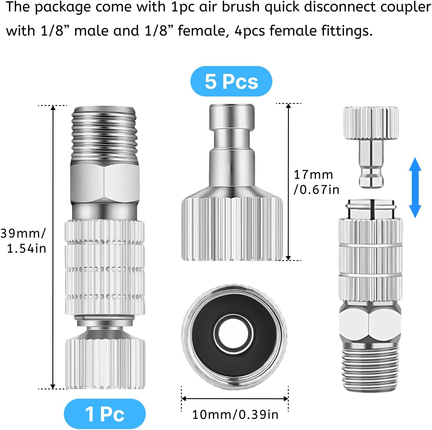 Airbrush Quick Disconnect Coupler Release Fitting Adapter Kit with 1 Male 1/8 Inch to 1/8 Inch Female Connectors and 4 Additional Female Connectors for Air Compressors and Airbrush Hoses image number 1