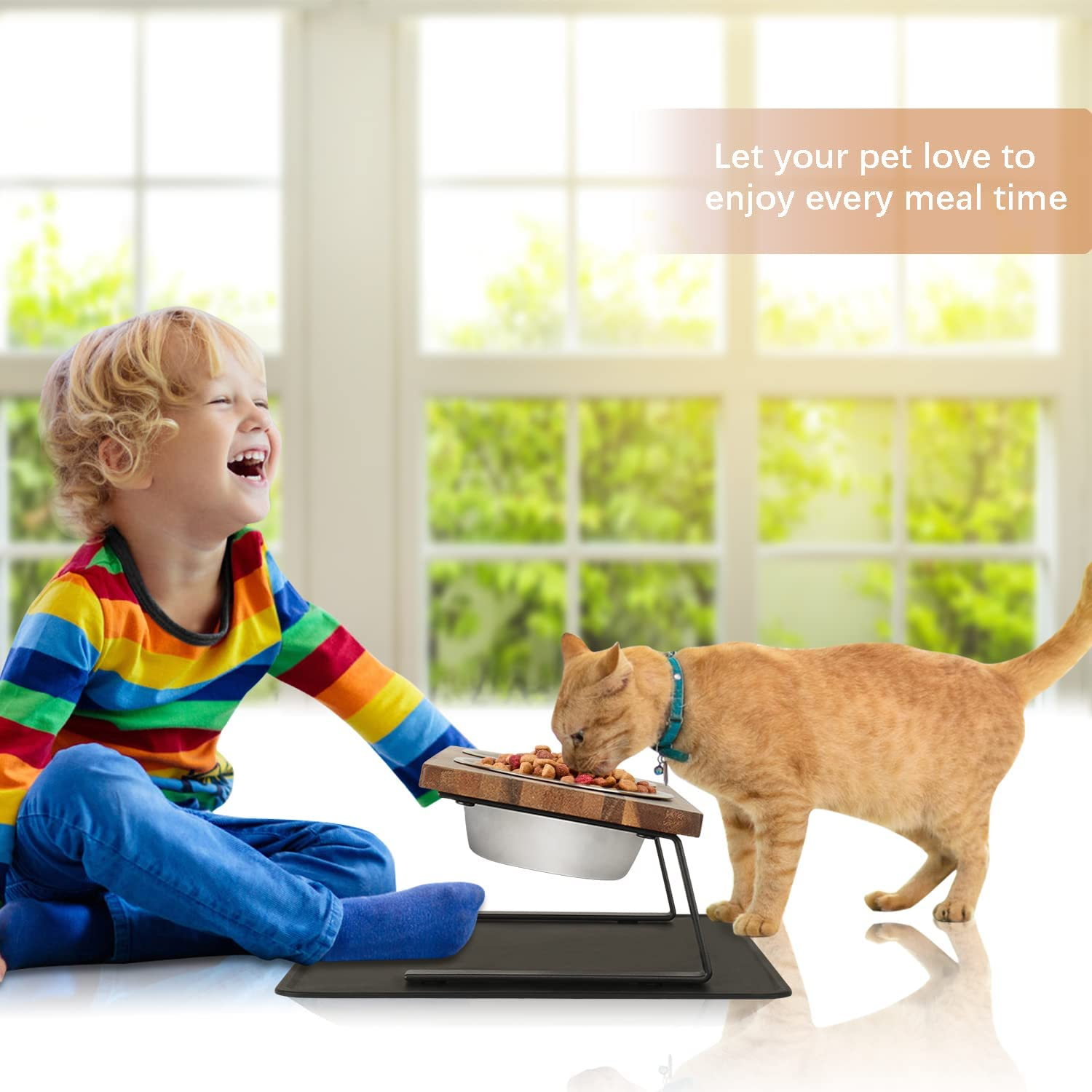 Aivituvin Elevated Dog Bowls, 15&deg;Tilted Raised Cat Food Bowl, Walnut Wood Water Stand Feeder Set for Cats and Puppy, Pet Bowls with anti Slip Mat(Small) image number 4