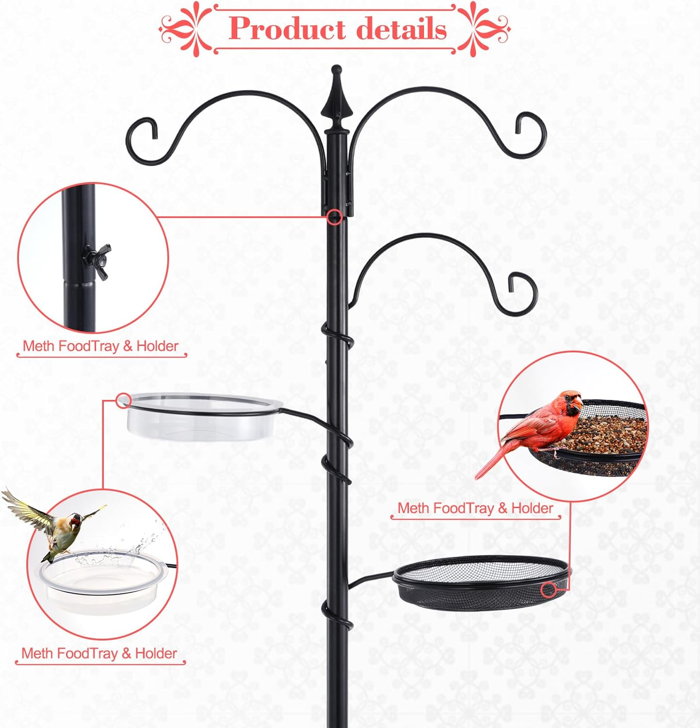Bird Feeding Station Kit - 77" Bird Feeder Pole with 5 Prong Base, Wild Bird Feeder Stand for Outdoors Hanging Bird Feeders - Black image number 1