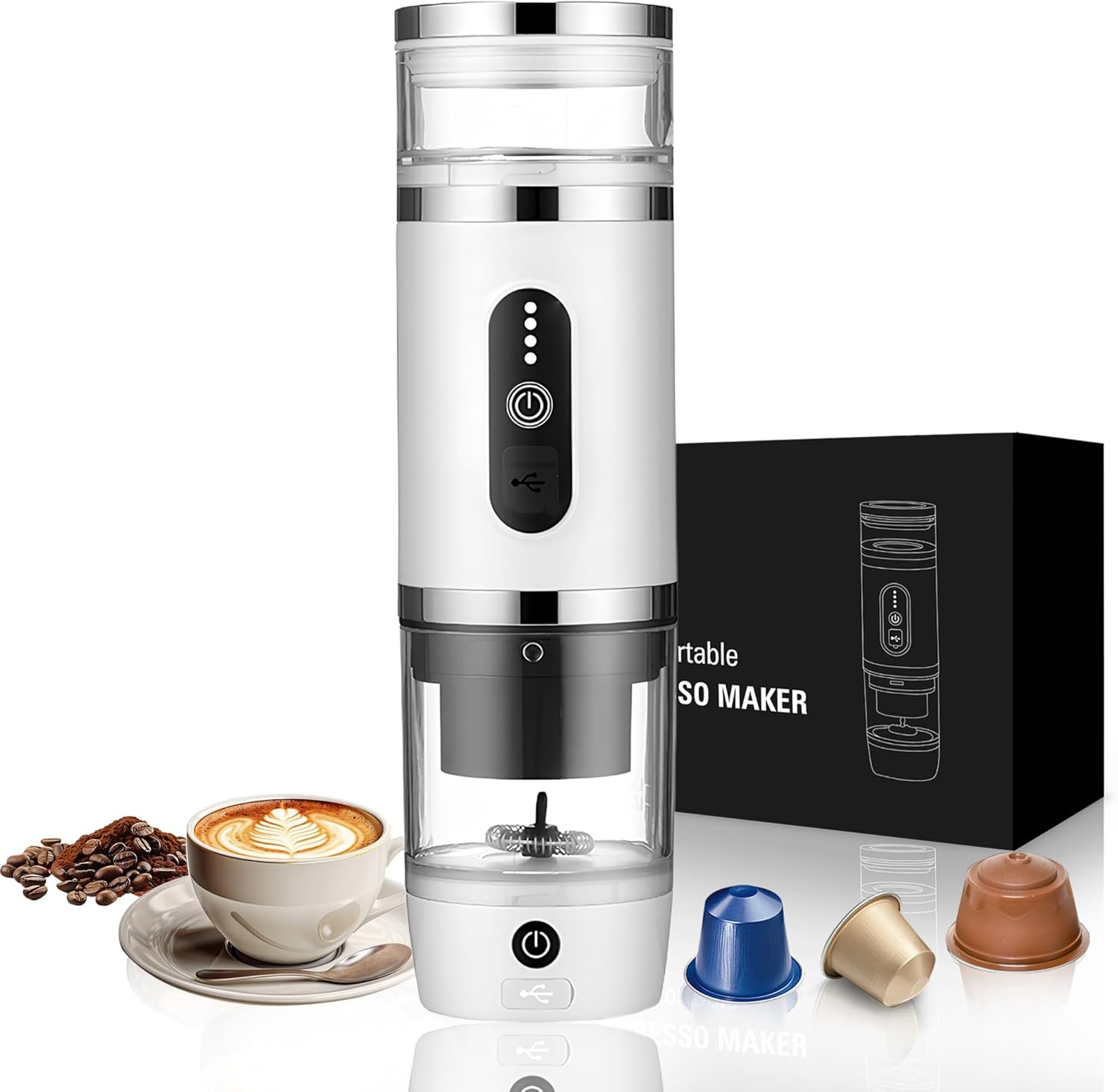 3 in 1 Portable Coffee Machine with Milk Frother, 20 Bar Capsule Espresso Machine and Ground Coffee for Office Car Camping Hiking Travel Christmas Birthday (White)