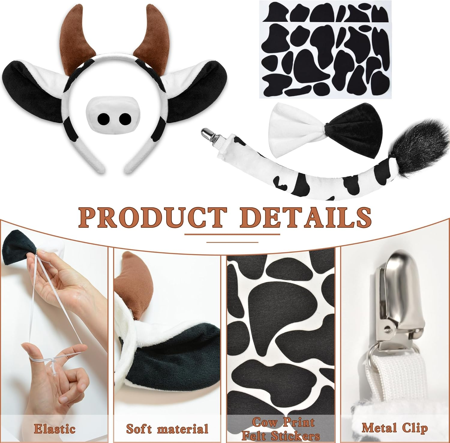 U-Zomir Cow Costume Set, Cow Ears Headband Nose Bow Tie Tail and 51Pcs Adhesive Felt Pads for Halloween Cosplay DIY Dress Up