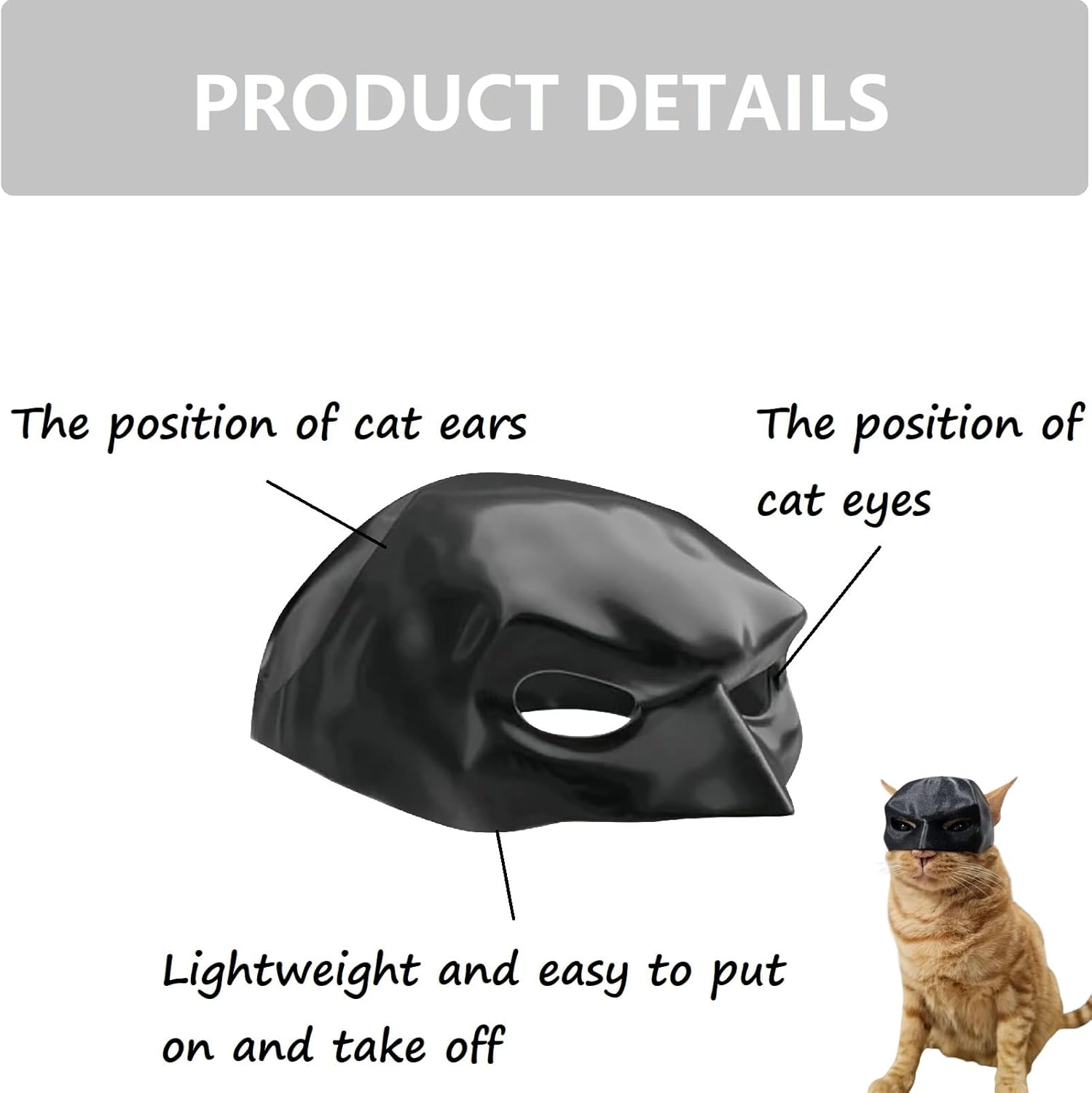 Batcat Mask, Bat Mask for Cats, Funny Black Bat Mask for Cats, Cat Bat Cosplay Hat, Cat Bat Mask, Cat Clothing, Pet Costume for Halloween or Daily Fun, 11 Cm