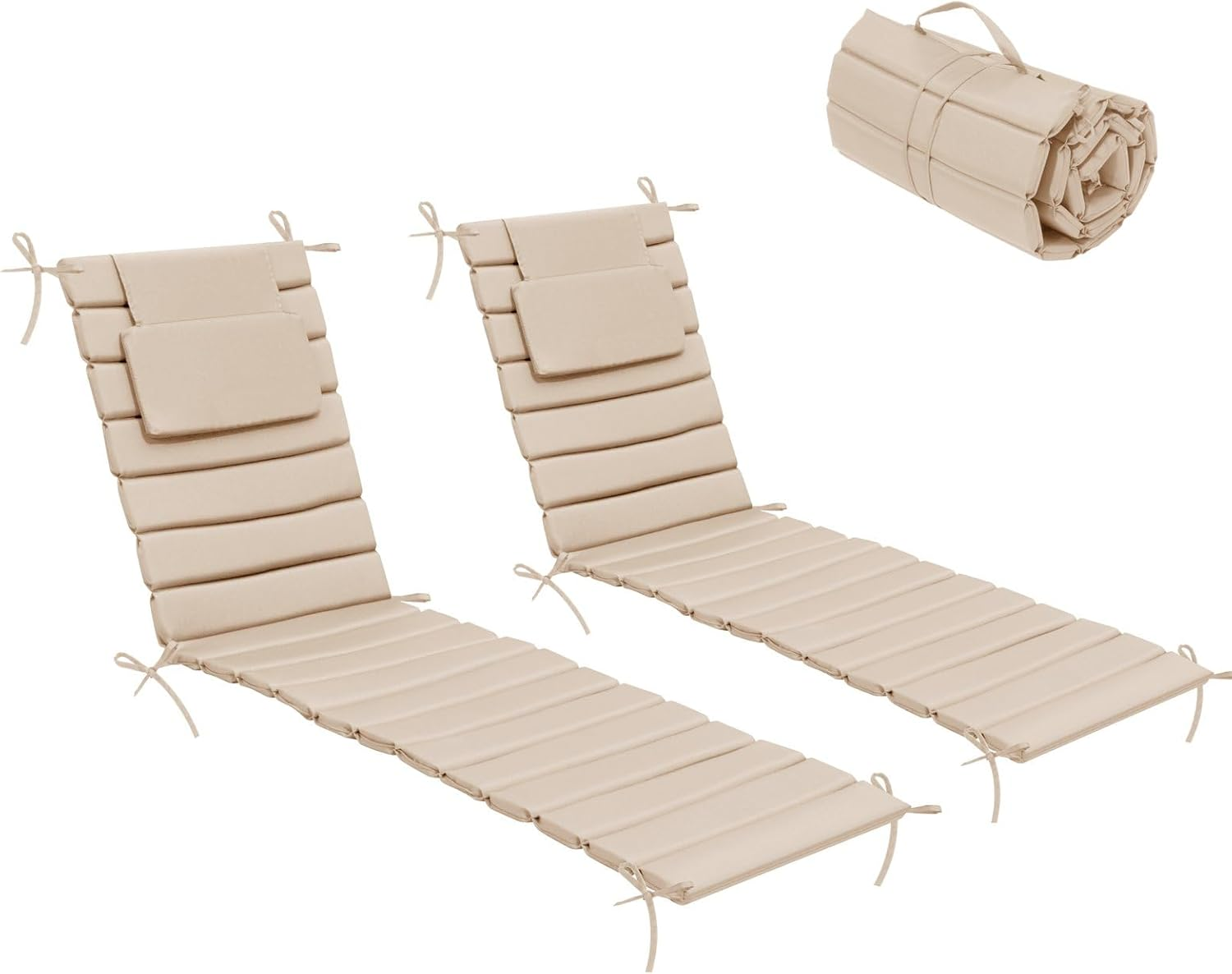 Crestlive Products Chaise Lounge Cushion Outdoor Set of 2, Waterproof Foldable Pool Lounge Chair Cushions with Straps, Lounger Cushions for Outdoor Furniture, Patio, Lawn, 80''Lx26''W (Beige)