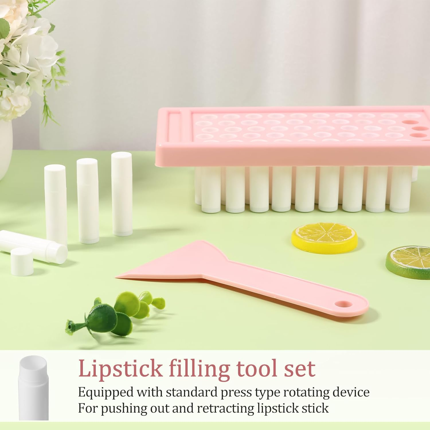Awobepl Plastic Twist up Lip Balm Tube Compact Multipurpose Empty Lipstick Tube with Filling Tray Spatula for DIY Solid Perfume (Pink White) image number 3