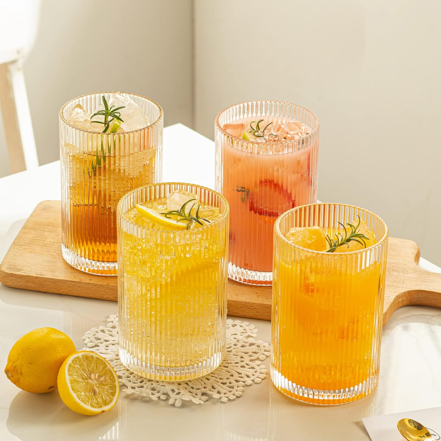 POLIDREAM Drinking Glasses Set of 4 Vintage Whiskey Glasses 500Ml Art Decor Ribbed Glassware Set Embossed Glass Tumblers Cocktail Glasses Water Glasses for Beer Juice Milk(8.3X8.3X13Cm) image number 3