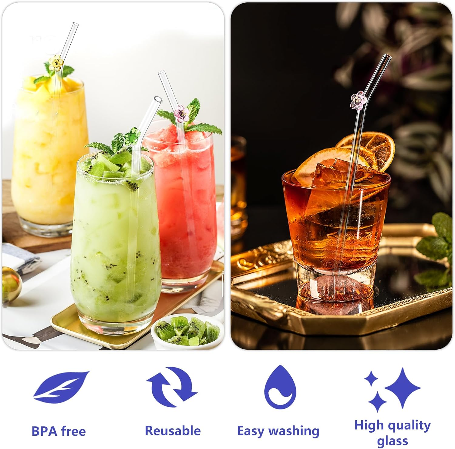 Bigqin 6 Pcs Glass Straws Reusable, Cute Clear Flower Drinking Straws with 2 Cleaning Brushes, Food Grade Reusable Straws Dishwasher Safe for Drinking Smoothies, Juices, Shakes, Cocktails image number 3
