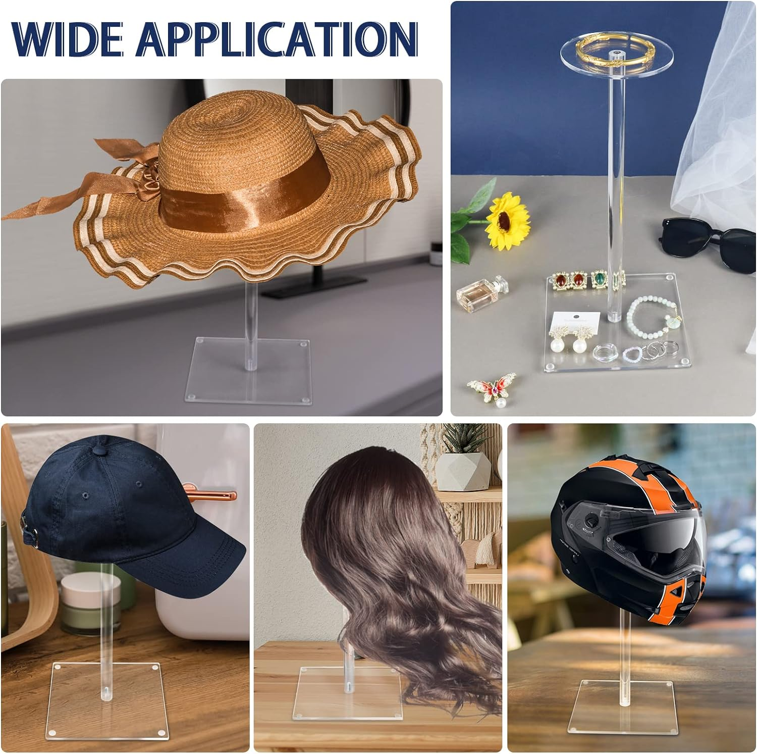 Acrylic Hat Stand and Wig Display Rack, 2Pcs 17" Clear Hat Stands for Display, Adjustable Height Hat Holder, Square Barbell Base Display, Hat Rack Stand for Display Jewelry Watch Helmets image number 1