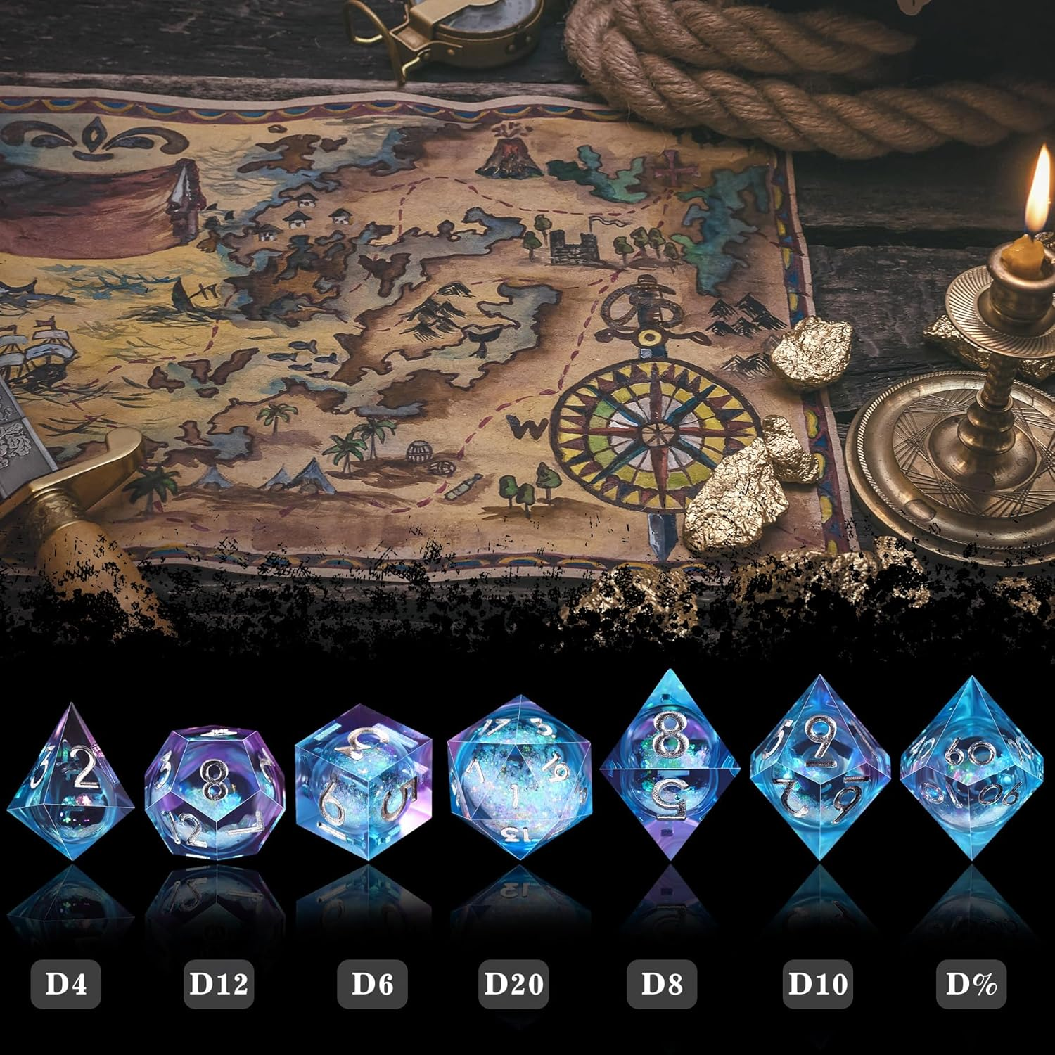 AUSTOR Liquid Core Resin DND Dice Sharp Edge Polyhedral Dice 7-Die DND Dice Set Quicksand Handmade Resin Dice for Dungeons and Dragons RPG MTG Table Games, Blue & Violet - Blue  Black image number 2