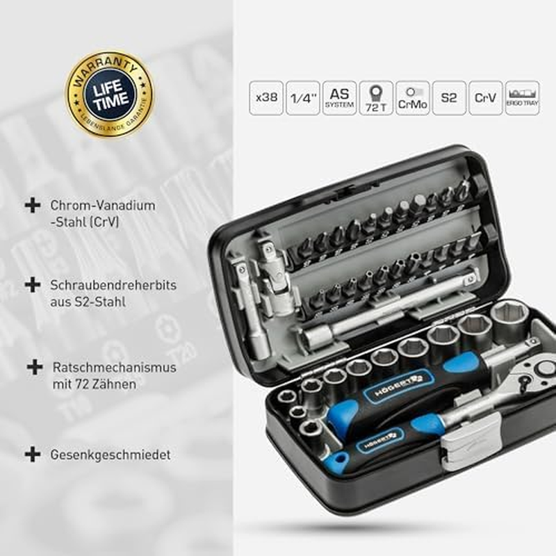 H&ouml;gert Tool Set Tool Box - Tool Set Tool Tools Socket Spanner Set Screwdriver Ratchet - Black/Blue, 1/4 Inch, HT1R462, 38 Pieces image number 5