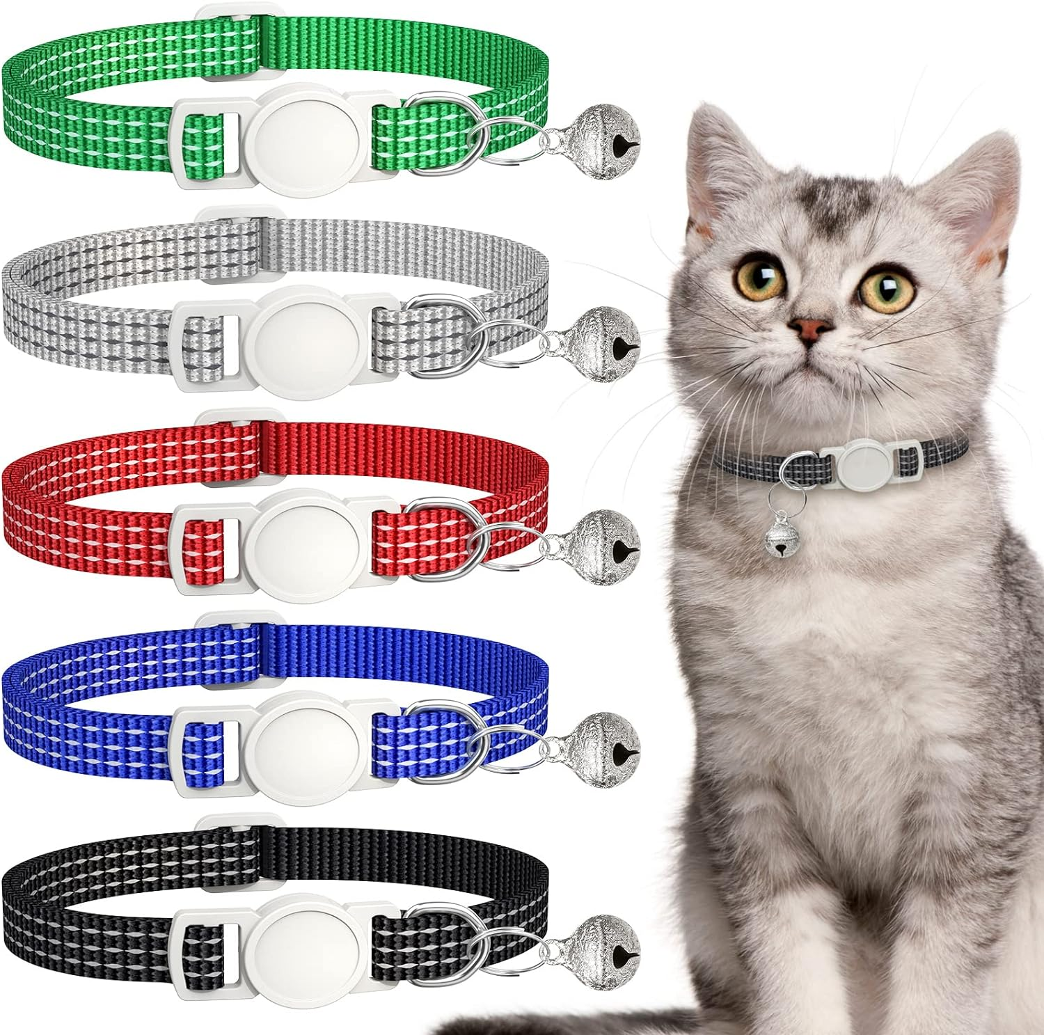 5 Pack Reflective-Breakaway Cat Collars with Bells,Adjustable Small Cat Collar,Ideal for Girl Cats Male Cats Kittens Puppies,Pet Supplies Stuff Accessories(7.9" - 13" & 6 Colors) (5 Classic Colors)