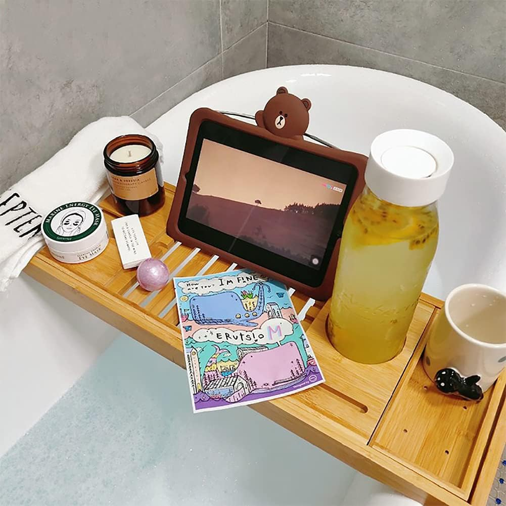100% Natural Bamboo Bath Caddy Bridge &ndash; Extendable Bath Caddy Tray for Tub with ​Wine Glass Holder, Tablet, Kindle image number 6