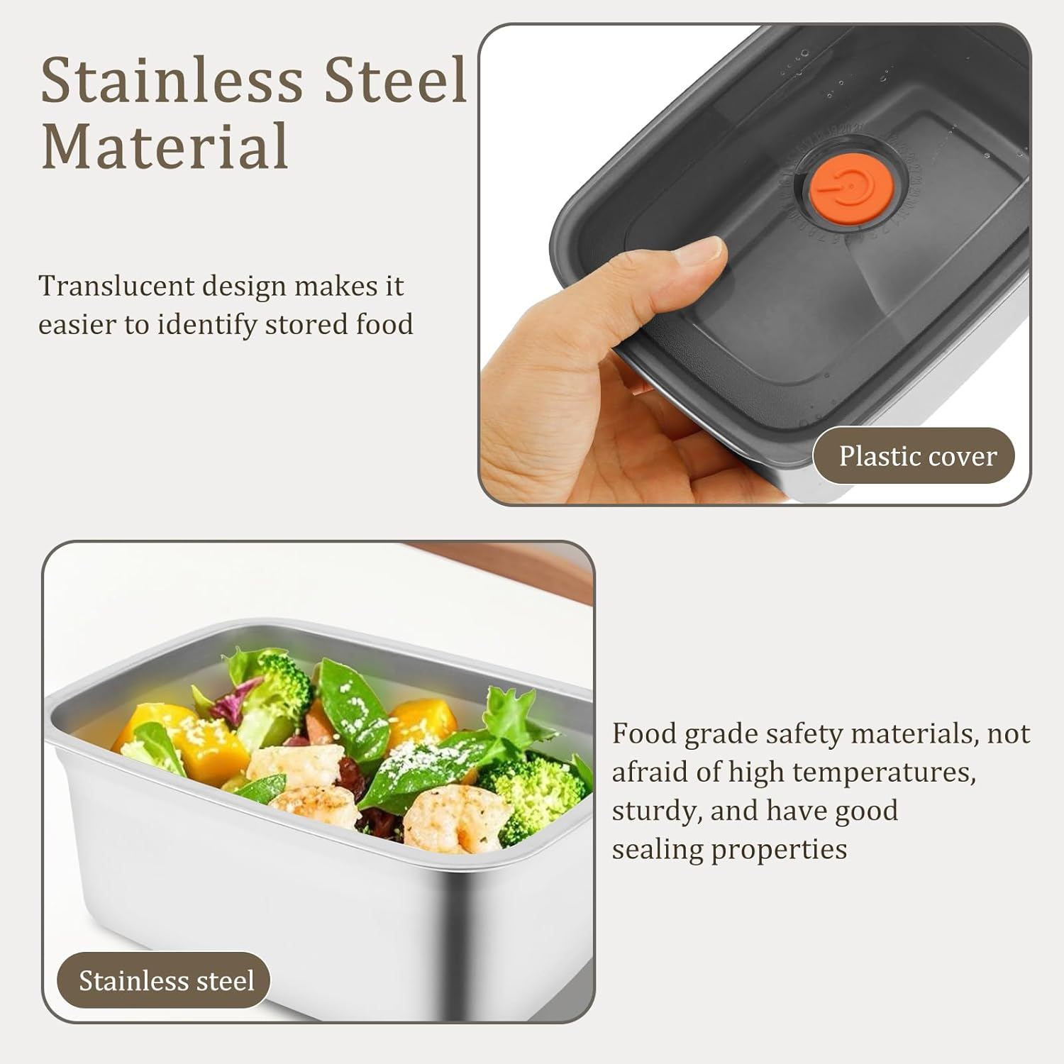 5 PCS Stainless Steel Food with Lid, 1500Ml/2500Ml Crisper Box for Fridge Fruit Container Airtight Kitchen Box for Vegetable Meat Cookie (1500ML) - 1500Ml image number 3