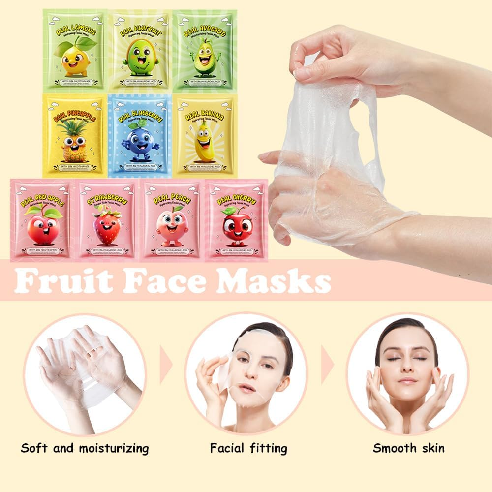 10 Pack Fruit Face Mask,Facial Mask for Kids Skin Care Moisturize,Brighten Soothe Spa Party Face Mask Set for Women Men Girls Nourish for All Skin Types image number 3