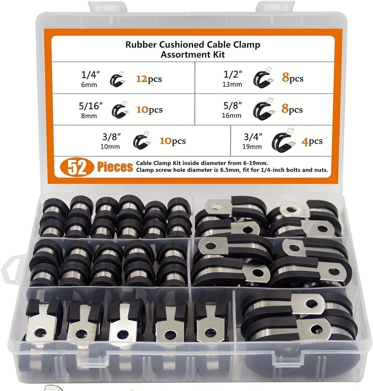 Rubber Cushioned Cable Clamp Assortment 52Pcs Kit YS189 - Hose Clamps - Cushioning Insulated Cable Pipe Clips Stainless Steel Rubber Pad Pipe Clips in 6 Sizes: 1/4" 5/16" 3/8" 1/2" 5/8" 3/4"