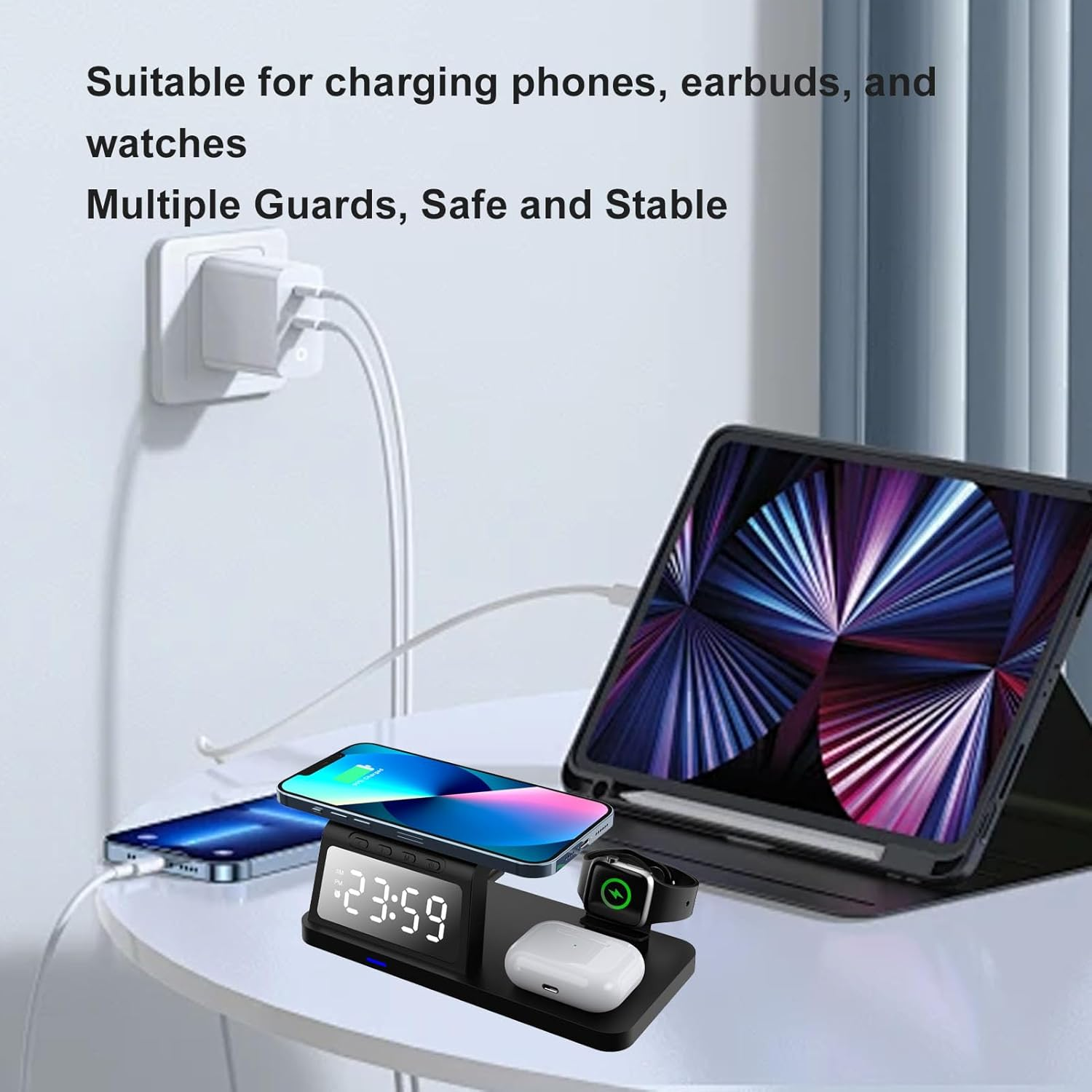 Wireless Charging Station, Alarm Clock with Phone Charger, Fast Charging Clock for Phone Watch Earbuds, Type C Interface, 15W, 10W, 7.5W, 5W Output Power Support image number 3