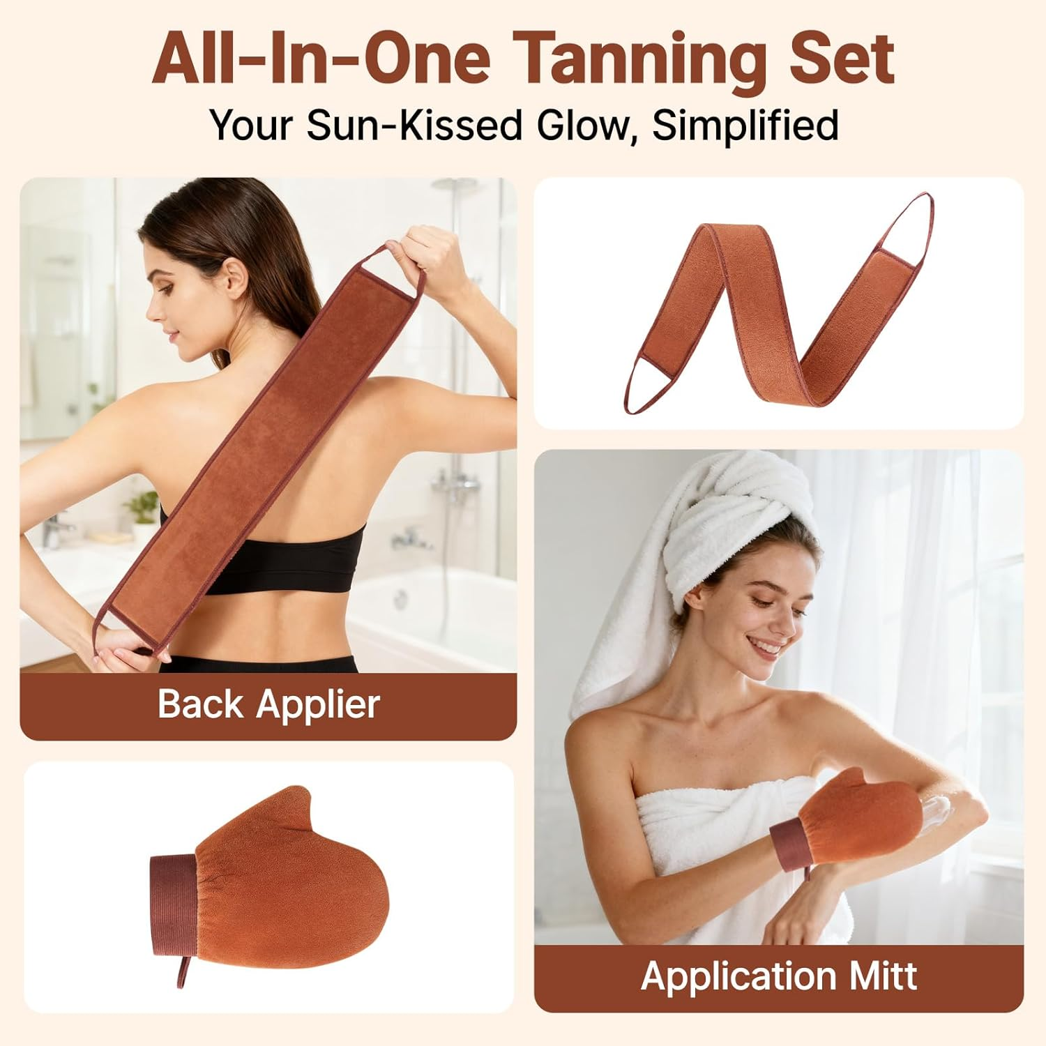 Tzylomirx 2 Pcs 2 in 1 Self Tanner Mitt Applicator Kit, Self Tanning Mitt Applicator Kit with Back Lotion Applicator, Streak-Free, Ultra Soft, Back Applicator Tanning Mitt for Back Application image number 3