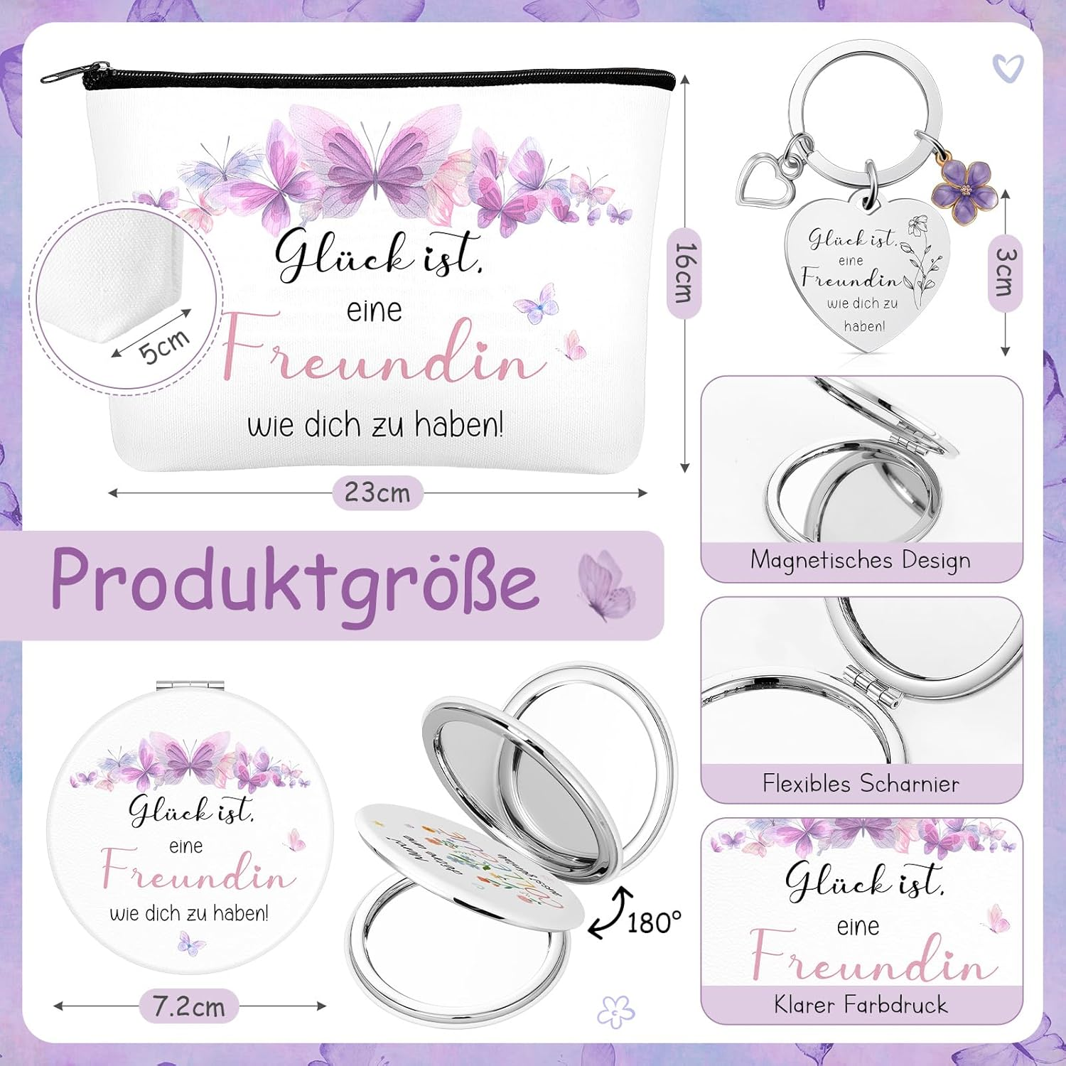 Xuniea Girlfriend Gift Set with Cosmetic Bag, Magnifying Mirror & Keyring - Gl&uuml;ck Ist, Freundin Wie Dich Zu Haben! | Gift for Birthday, Christmas & Special Occasions image number 1