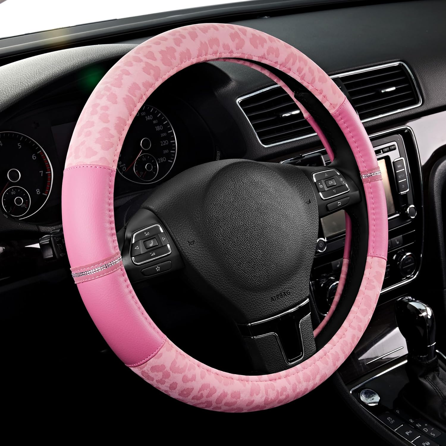 Road Comforts D-Type Steering Wheel Cover - Made with PVC Leather and Leopard Fabric - Universal Fit for 15-Inch D-Shaped Automotive Steering Wheels (Black Color)