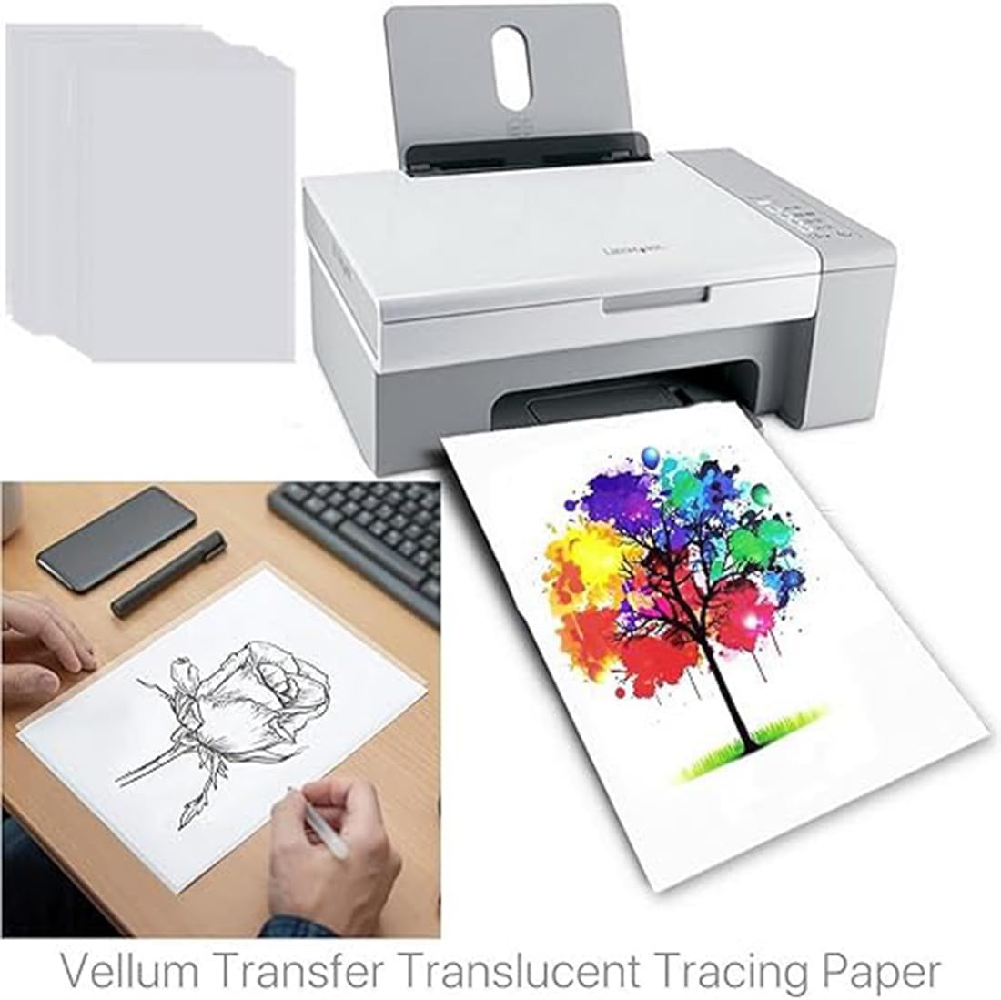 100 Pack Glassine Paper Sheets for Artwork, A4 Vellum Paper, Vellum Transfer Paper Tracing Paper Translucent Printable Sketching Overlays Sheet Writing Copying (8.5 X 11 In) image number 1