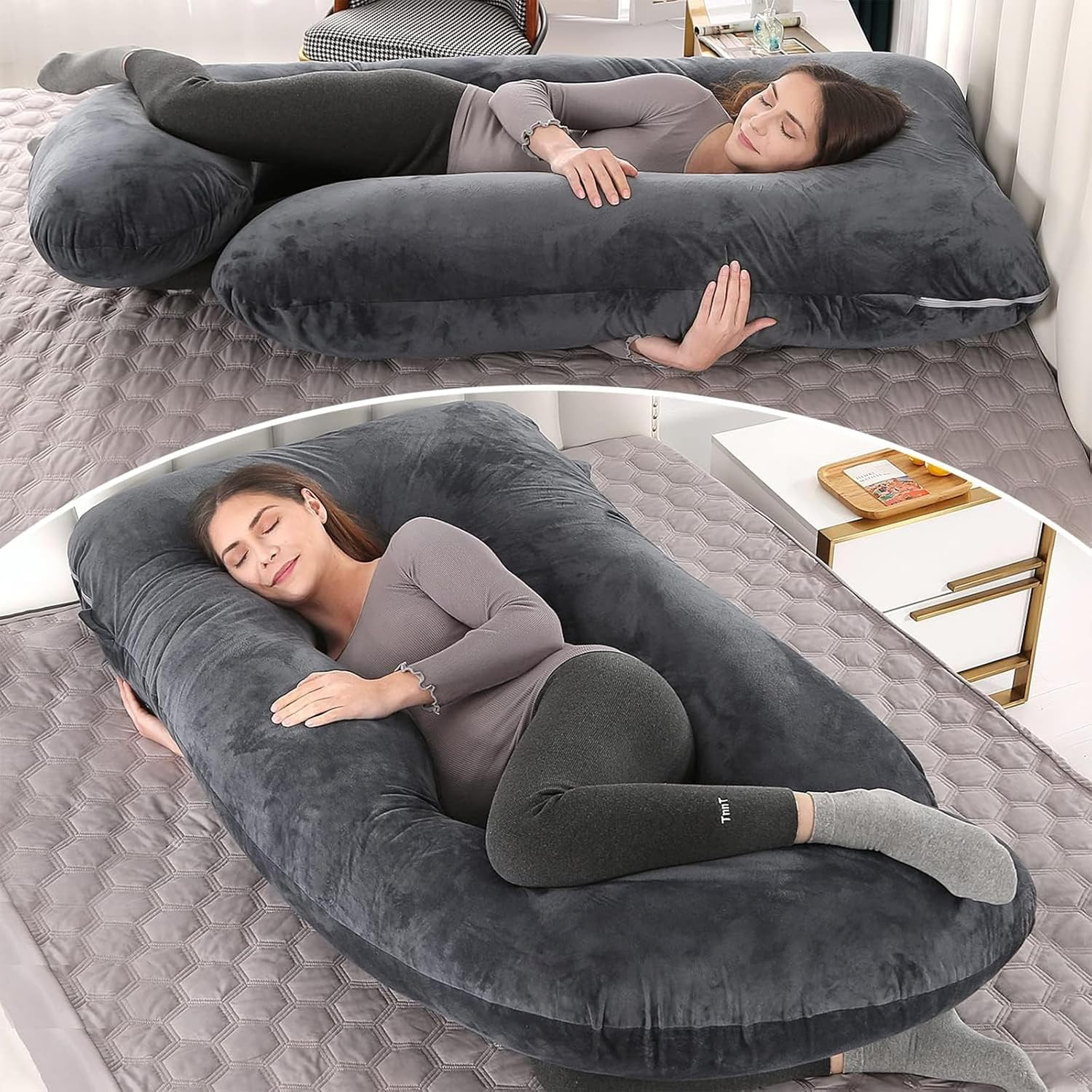 Pregnancy Pillows, 180Cm Long Maternity Pillows, U-Shape Full Body Pillow, Cooling Cover Blue&Grey, Pregnancy Pillows for Sleeping, Body Pillows, Maternity Pillow - Black image number 2