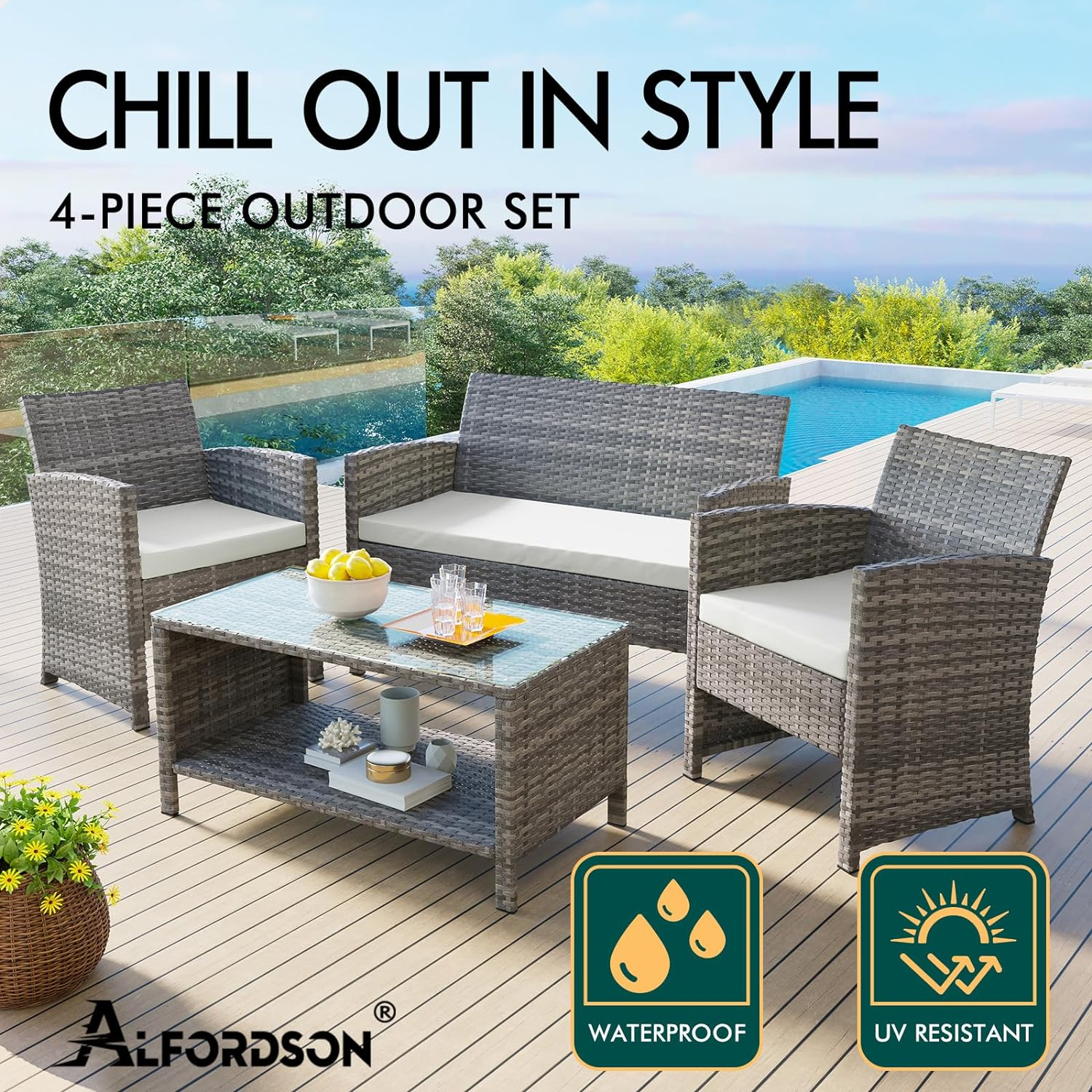 ALFORDSON Outdoor Patio Furniture 4Pcs Conversation Set, Wicker 4 Pieces Lounge Chair & Glass Coffee Table Setting, Steel Frame Garden Rattan Sofa with Cushions, Light Grey image number 3