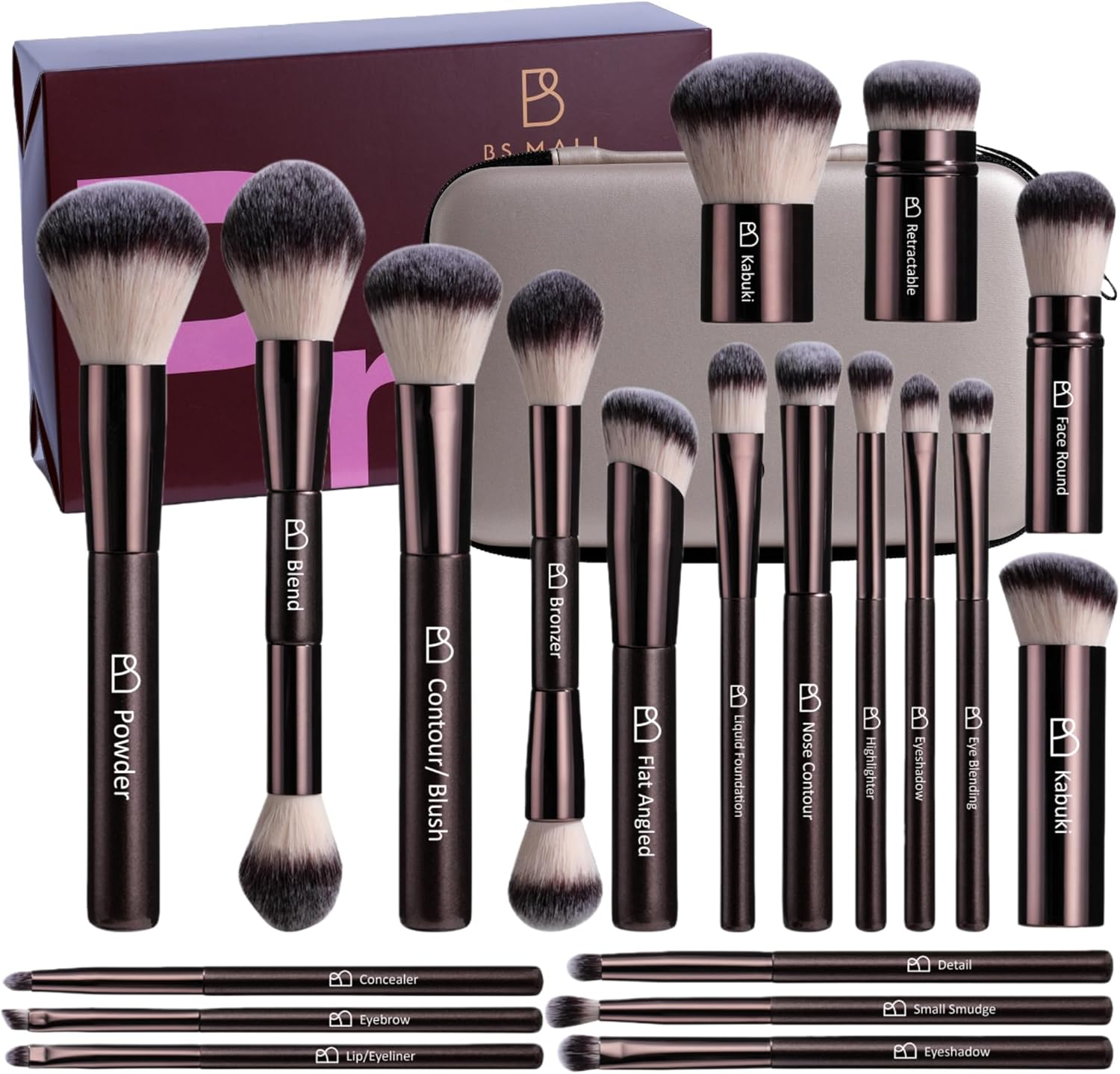 BS-MALL 20 Pcs Makeup Brushes Set Pro with Portable Case - Eyeshadow Brush, Concealer Brush, Blush Brush & Foundation Brush for Travel, Daily Use & Versatile Occasions