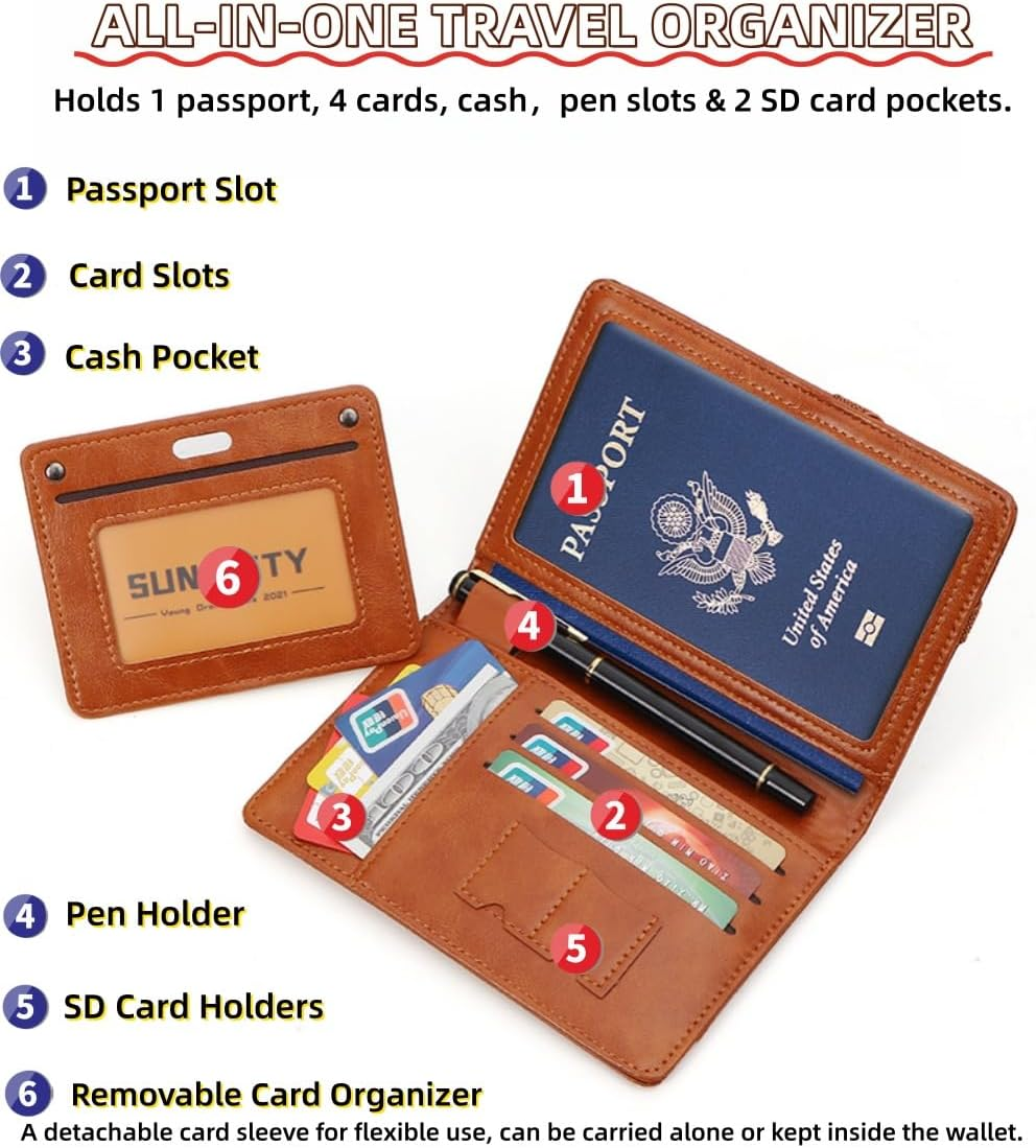 Y7-Y RFID Blocking Passport Holder Travel Wallet Multi-Functional Passport Cover with Removable Card Organizer, Anti-Theft Document Case for Travel. (Brown) - Black image number 5