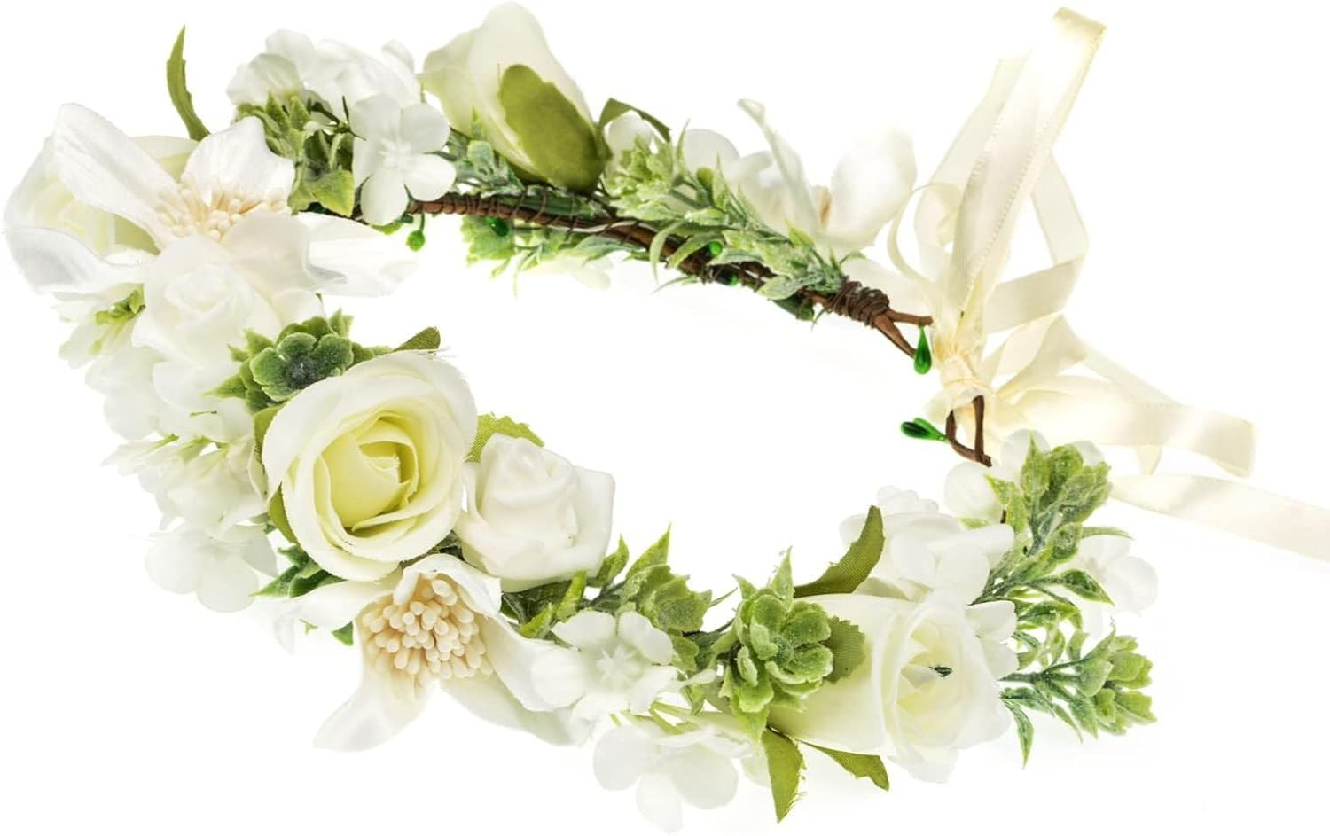 Flower Headband Artificial Floral Headpiece for Women Girls Halloween Renaissance Wedding Cosplay Party Hair Accessory (White, One Size)