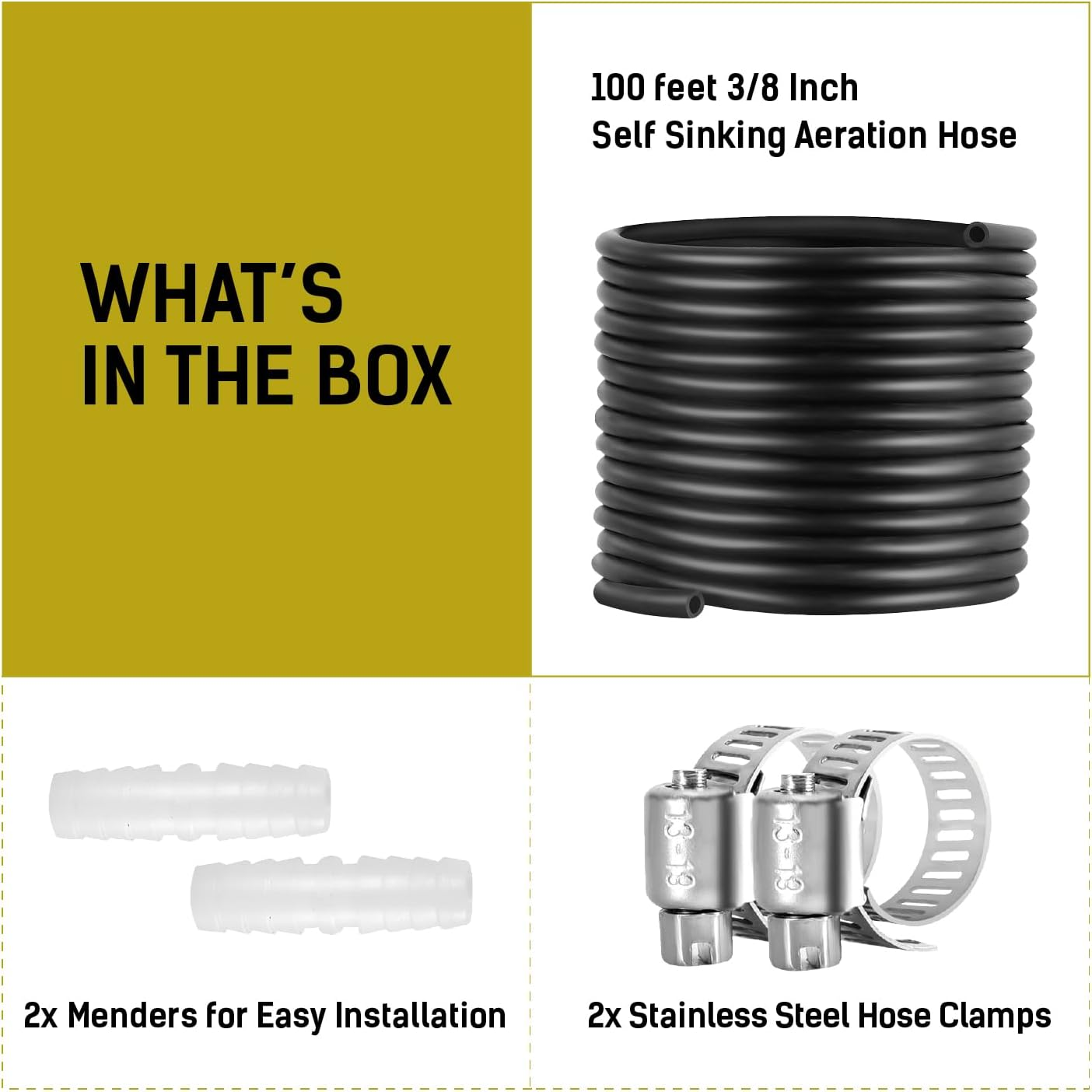 100 Feet ⅜ Inch Self Sinking Aeration Hose with Two Stainless Steel Hose Clamps and Two Menders for Easy Installation - Contractor Grade Weighted Air Line Tubing for Pond Water Lake Plumbing image number 6