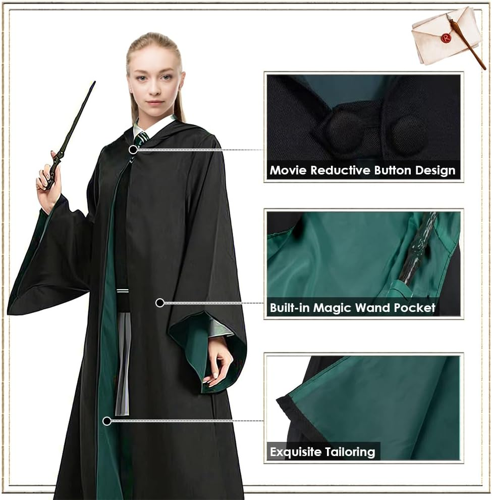 AUTOWT Unisex Wizard Cloak Costume Set for Adults, 6Pc Magician Wizarding Robe Outfits with Hooded Cape Magic Hat Wand Scarf Glasses Tie Movie Dress up Accessory for School Carnival Halloween Cosplay image number 1