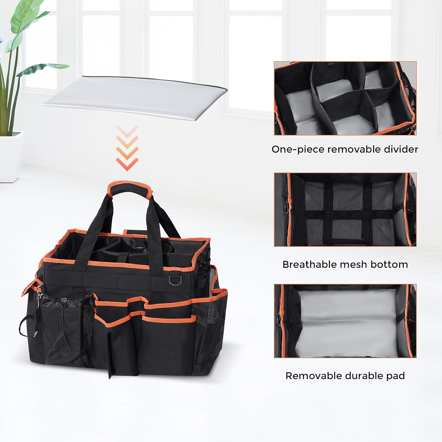 Procase Cleaning Caddy with Wheels for Housekeepers, Professional Portable Rolling Cleaning Supplies Large Clean Cart Bag with Detachable Trolley Handle and Shoulder Strap -Blackorange image number 2
