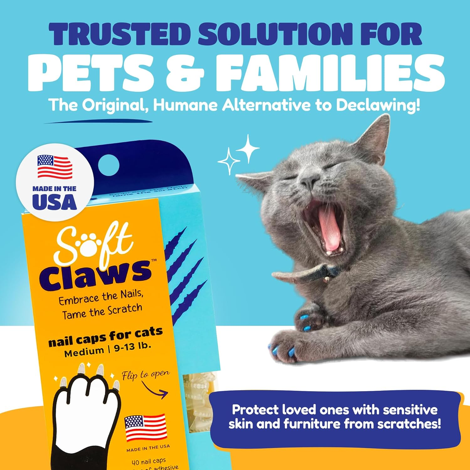 Soft Claws Cat Nail Caps for Medium Cats &ndash; (40 Caps, Blue & Gold) - Made in USA - Veterinarian-Developed | Protects Furniture & Skin - Easy to Apply, Long-Lasting Anti-Scratch Soft Cat Claw Covers image number 2