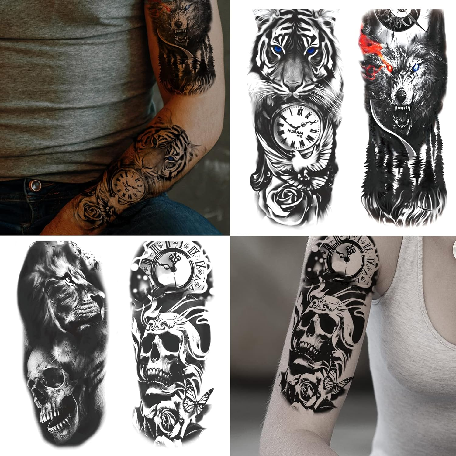 JEEFONNA 82 Sheets Temporary Tattoo for Men Women Adults, Include 12 Sheets Black 3D Half Sleeve Temporary Tattoos, Halloween Tattoos Scary Lion Wolf Tiger Skull Skeleton Tattoos Stickers image number 1