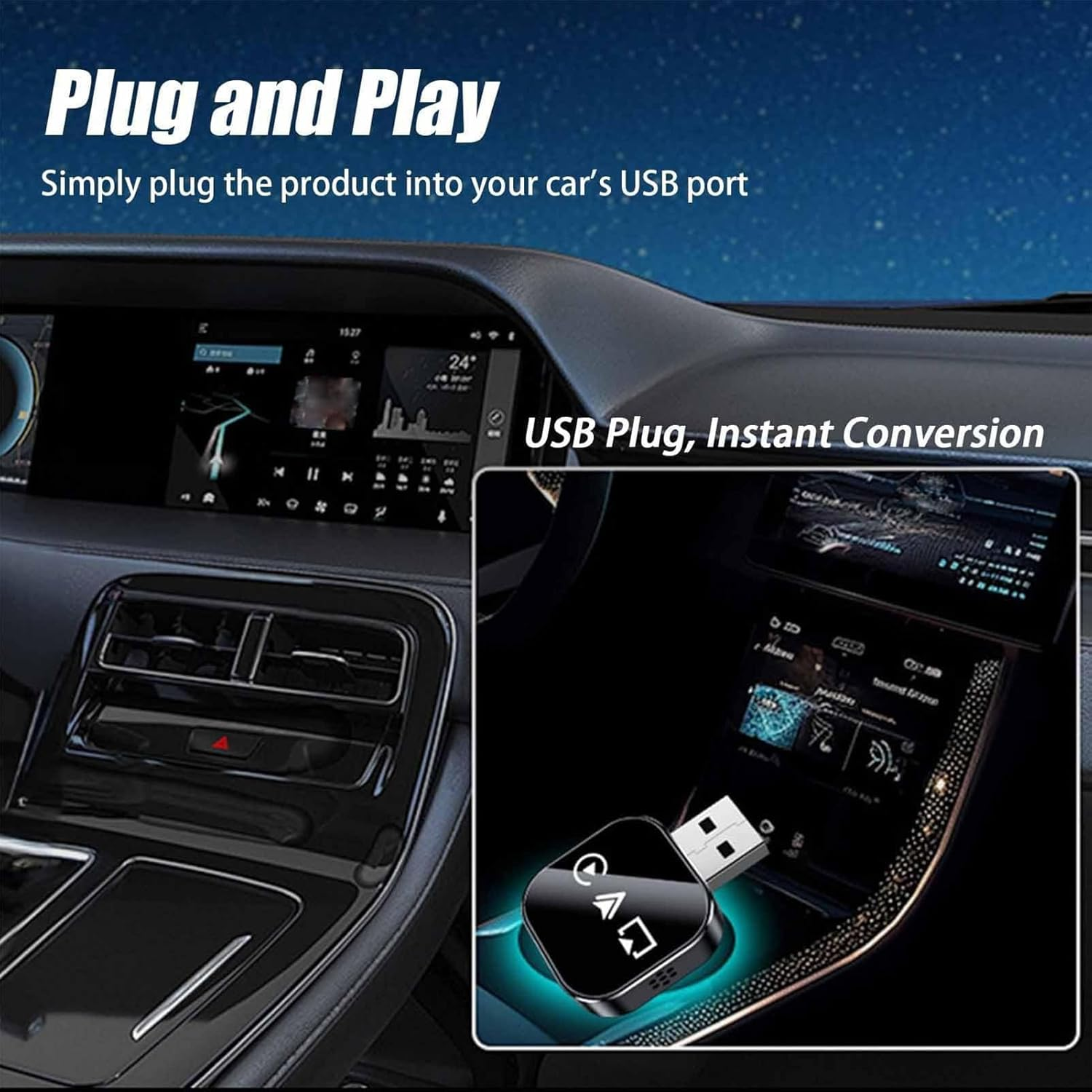 Car Display Converter - Plug and Play Converter | Wireless Mirror Phone to Car Screen Adapter | for Daily Commuting Long Distance Travel Highway Navigation Music Streaming Calling Parking Assistance