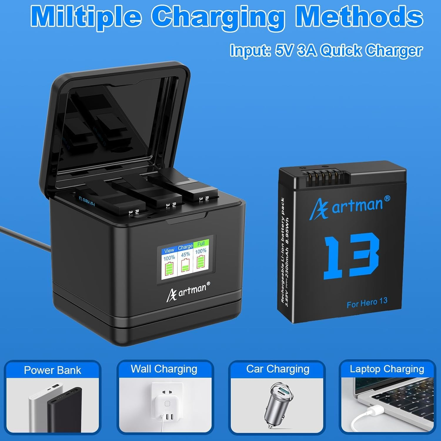 Artman Hero 13 Battery 2300Mah for Hero13 Black Camera, LCD 3-Slot Fast USB-C Charger Fully Compatible with Gopro Hero 13 Batteries and Charger (3-Pack) image number 6