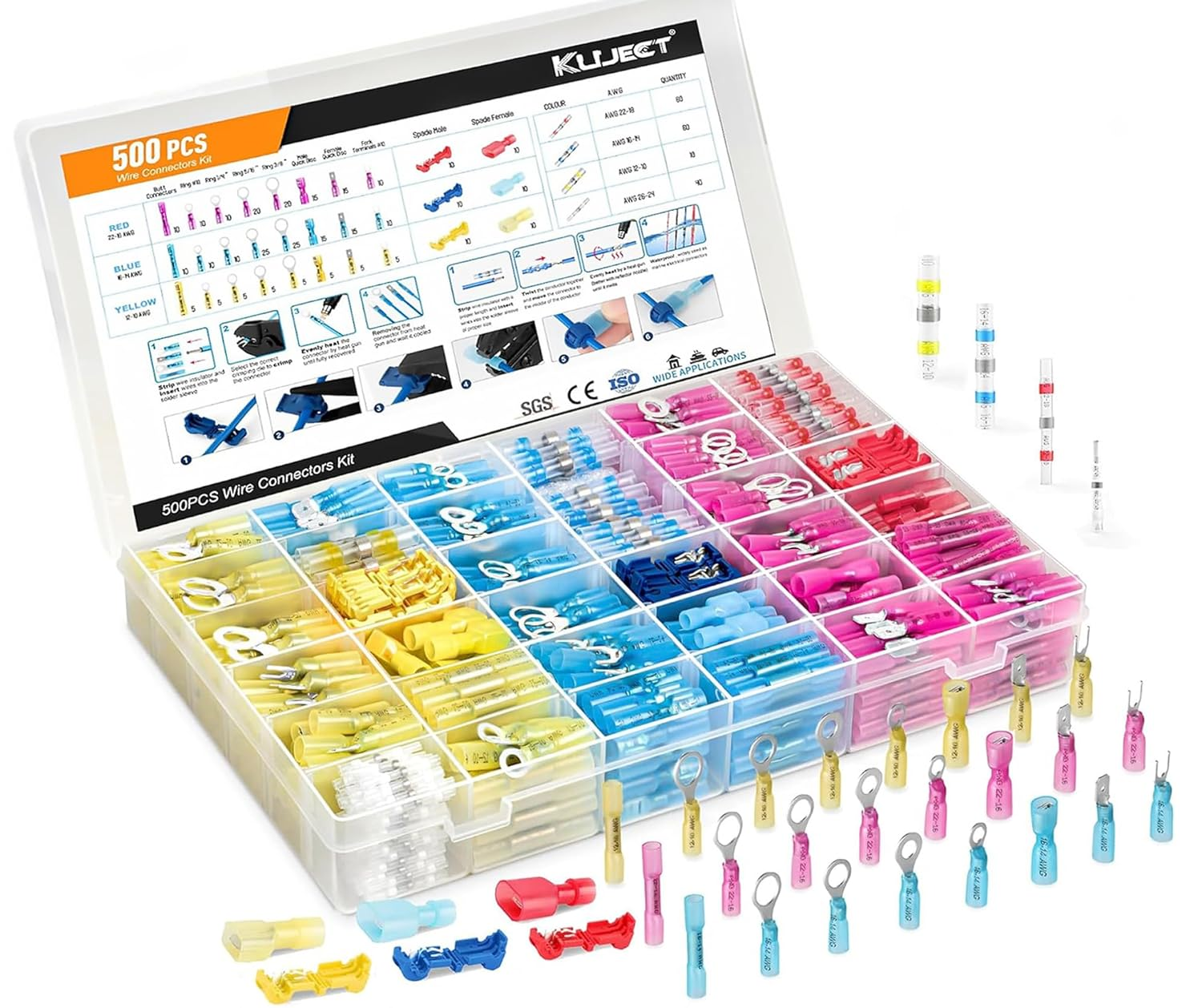 Kuject 500PCS Multipurpose Heat Shrink Wire Connectors Waterproof Electrical Crimp Connector Assortment Kit, Insulated Ring Fork Spade T-Tap Solder Butt Splice Terminal for Automotive Marine Boat image number 1