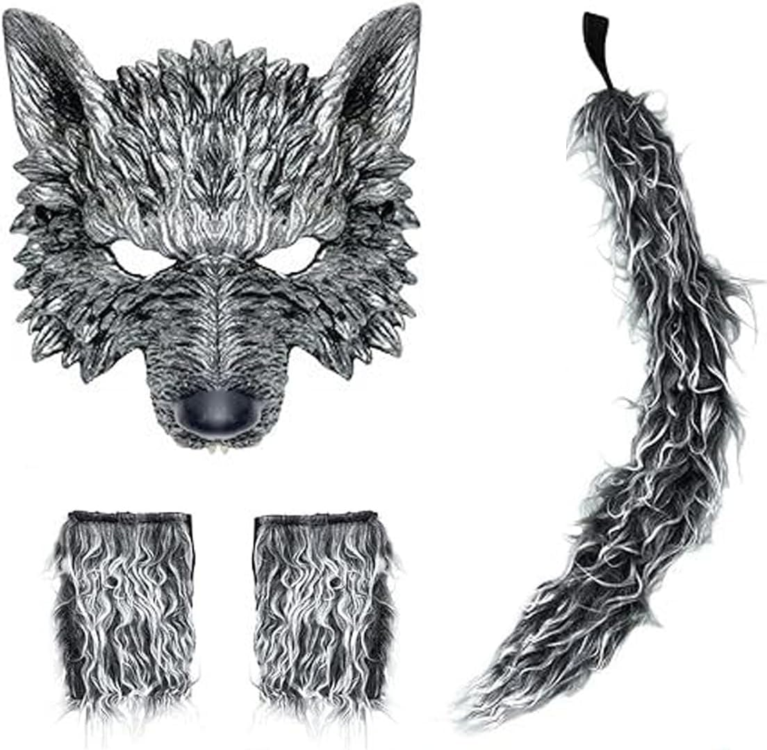 Wolf Mask and Tail Glove Set, Scary Half Face Werewolf Mask Animal Masquerade Mask for Men Halloween Cosplay Costume